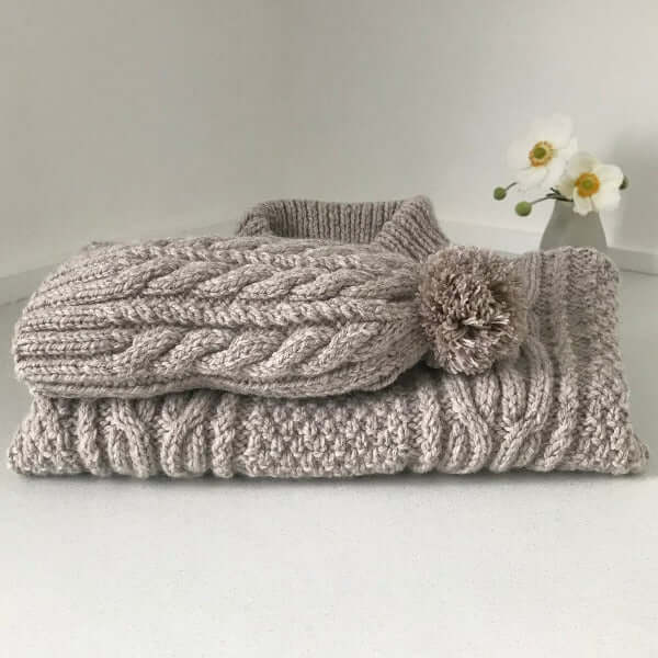 Warm Aran Jumper & Cable Knit Hat Set - Soft Wool Sweater & Beanie for Men & Women - Perfect for Winter, Fall & Outdoor Activities