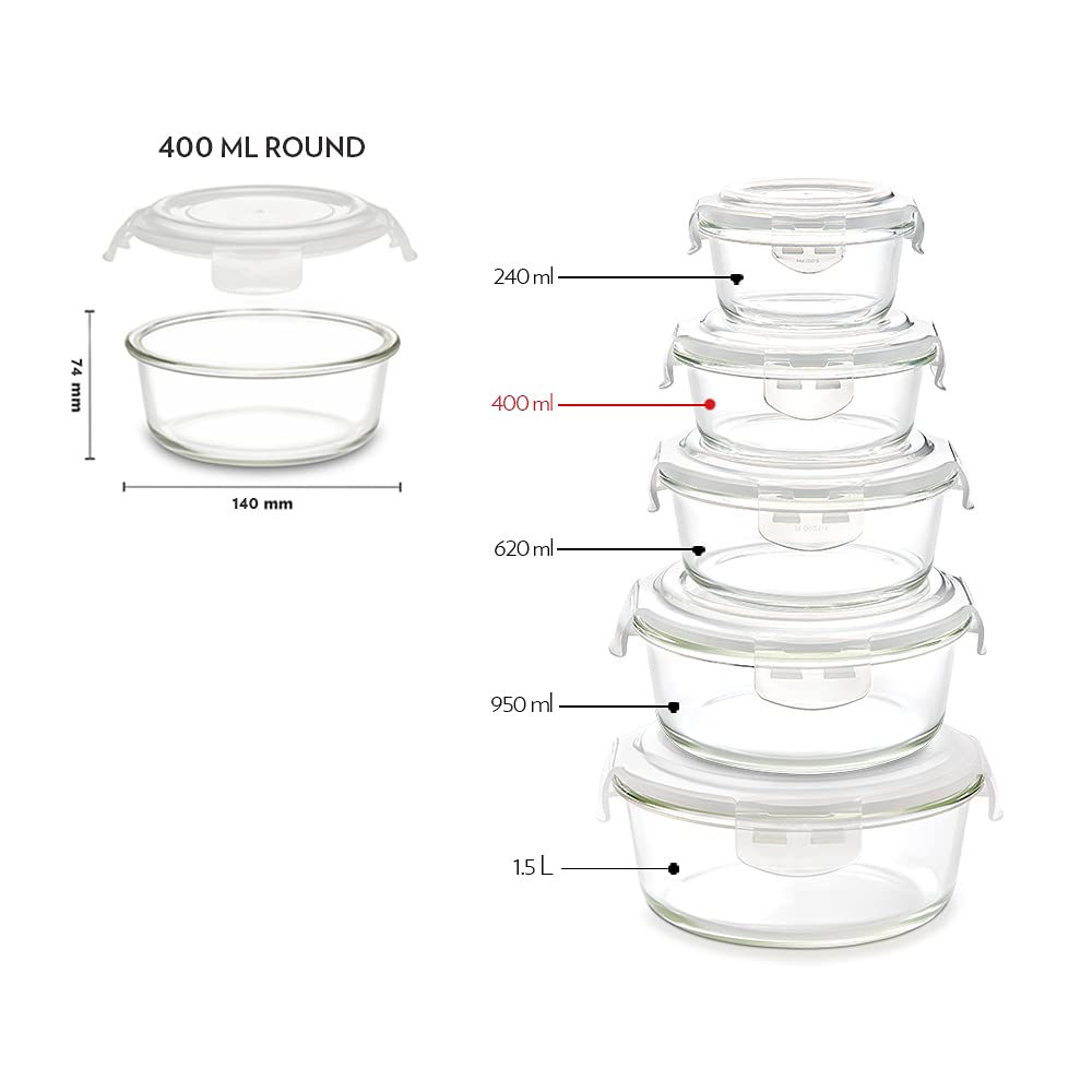 Borosil Klip N Store Airtight Glass Food Storage Containers Set of 2 (400ml Each) - Microwave & Oven Safe Round Kitchen Containers with Lids - Perfect for Meal Prep, Leftovers & Pantry Organization
