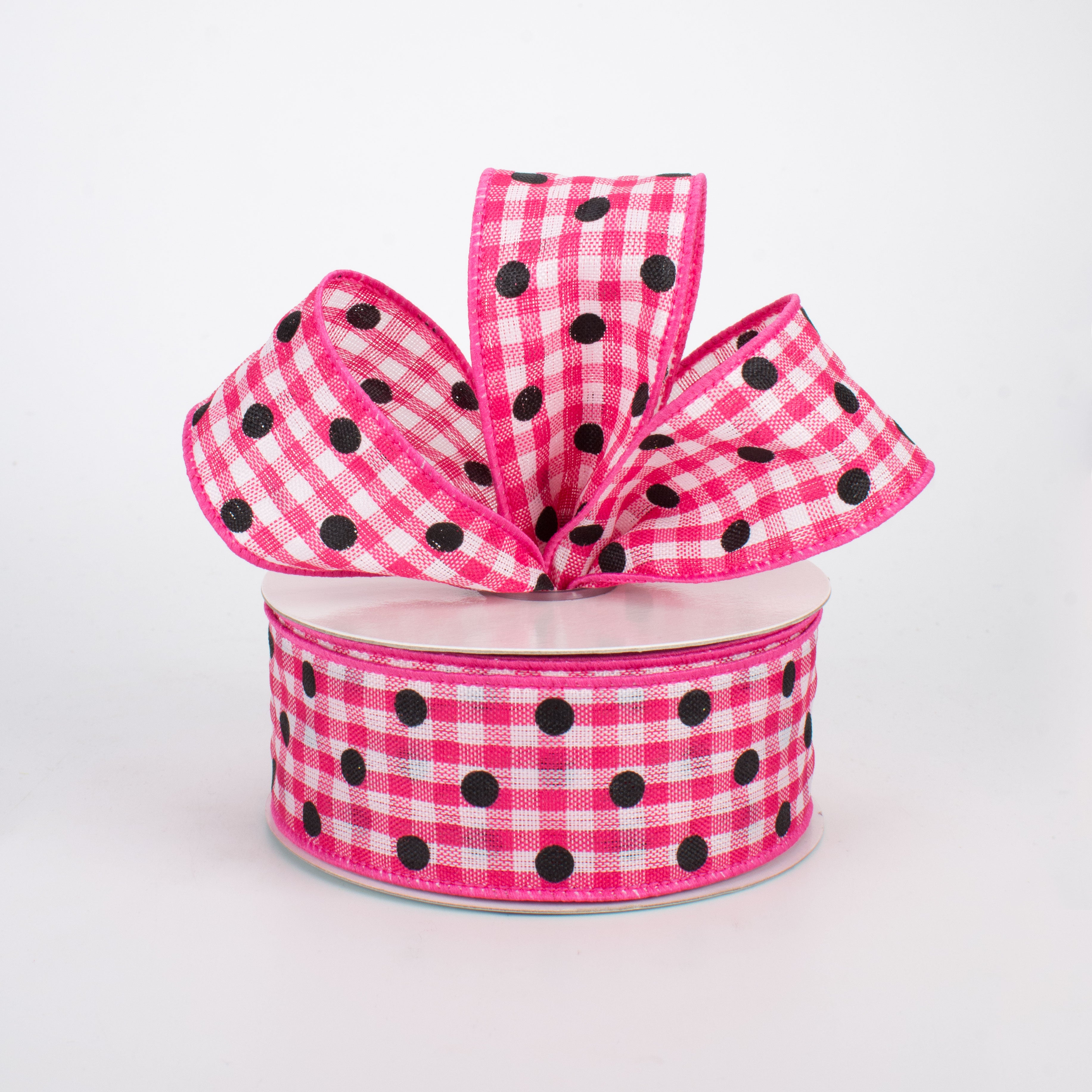 1.5 Inch Polka Dot Gingham Ribbon - Black, Dark Pink & White - 10 Yards Bulk Roll for Gift Wrapping, DIY Crafts, Hair Bows, Scrapbooking & Party Decorations