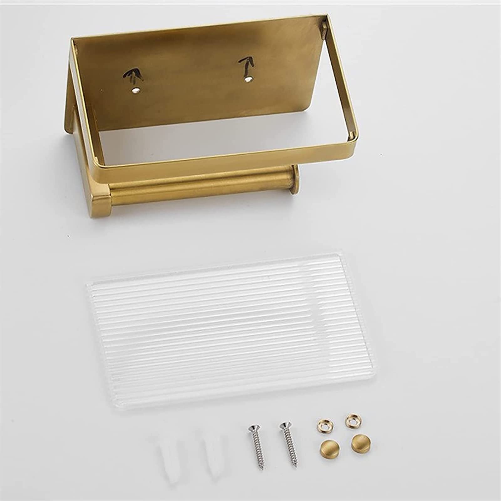 Stainless Steel & Acrylic Wall Mount Toilet Paper Holder with Shelf - Brushed Gold Bathroom Tissue Roll Holder & Towel Rack for Hotel, Kitchen & Home Use - Perfect for Bathroom Organization & Space Saving Storage