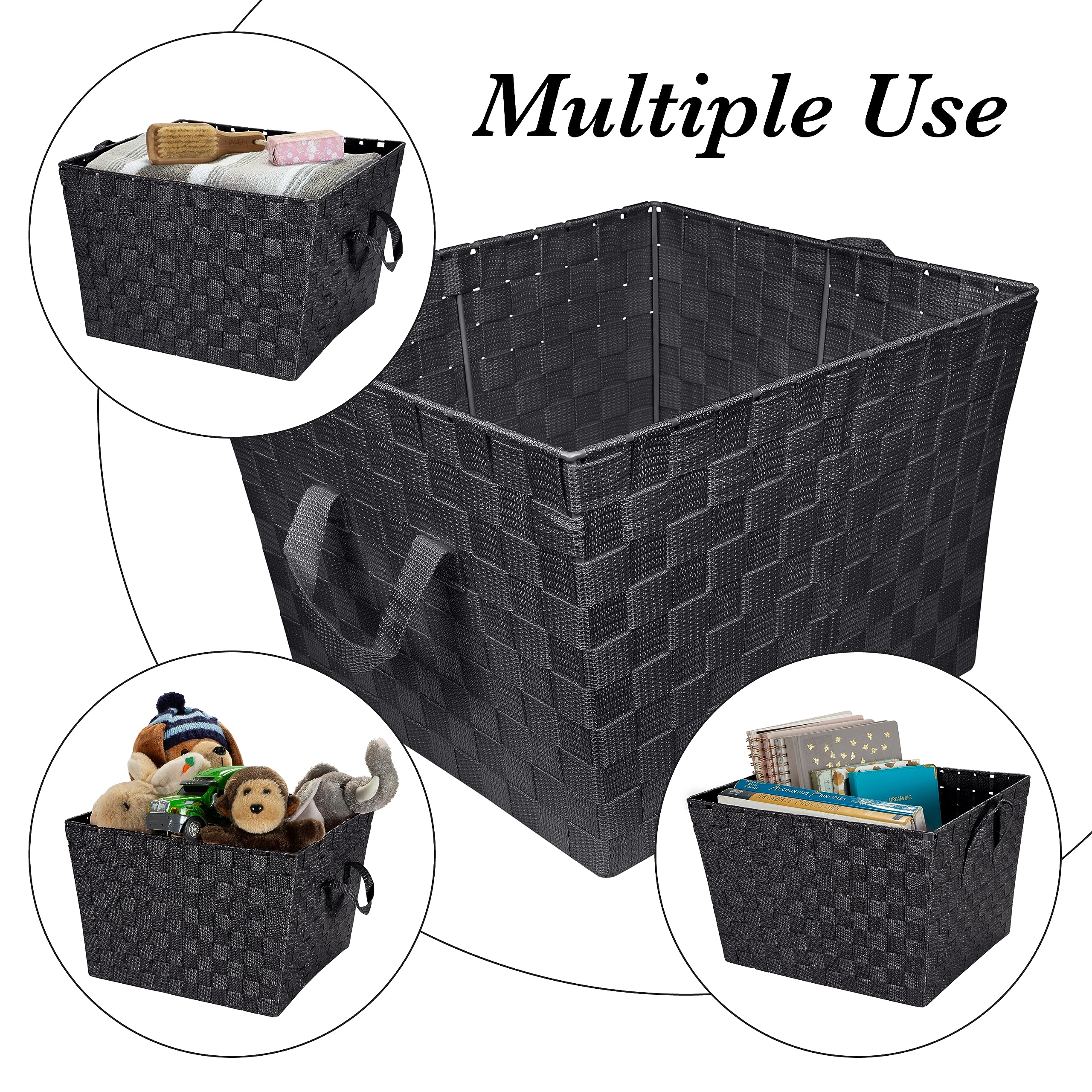 Large Woven Storage Tote Basket with 2 Handles - 2 Pack Black Organizer for Closet, Bedroom, Bathroom & Nursery - Perfect for Toys, Accessories & Gift Storage