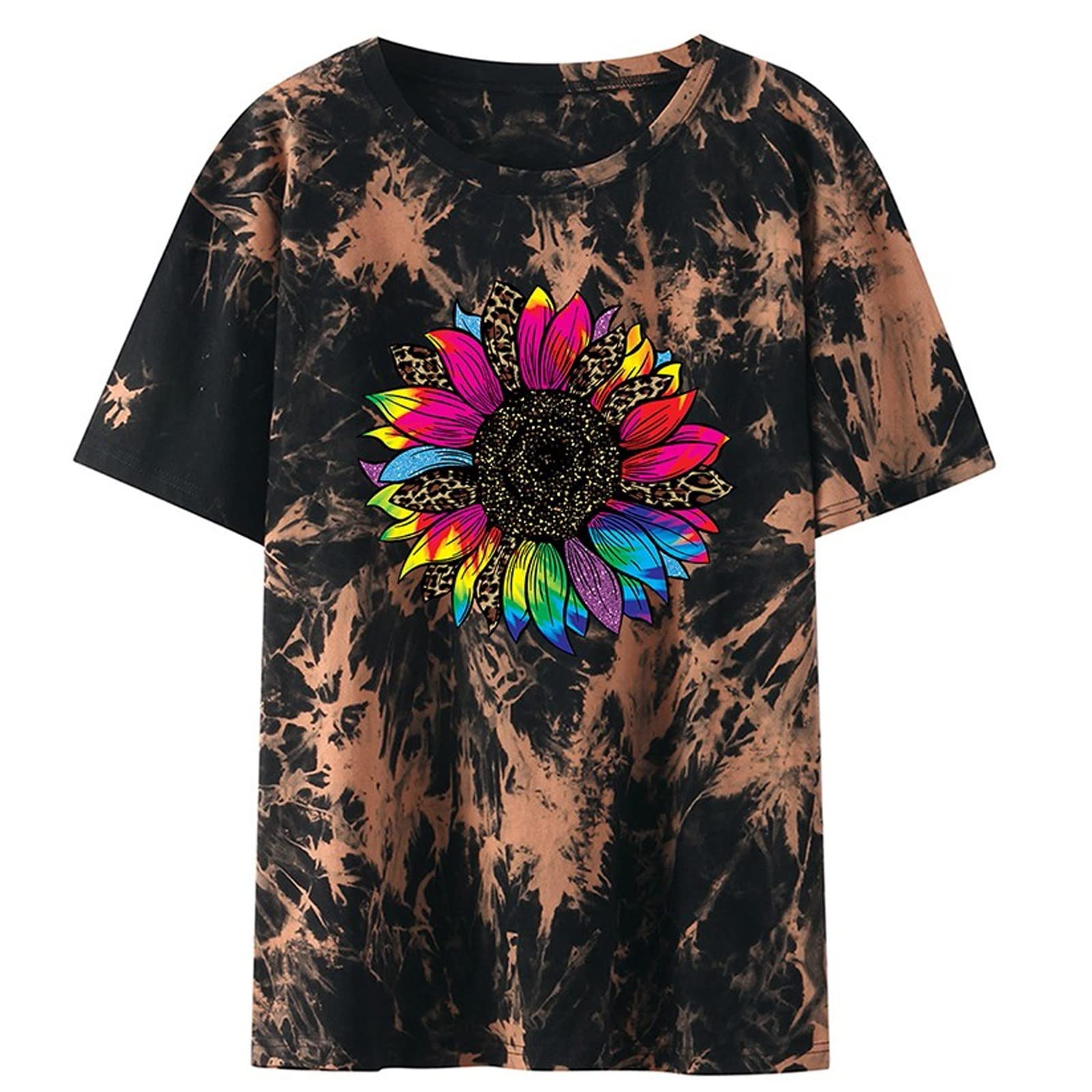 QUFECH Women's Juniors Summer Tops - Drop Shoulder Short Sleeve Sunflower Print Casual T-Shirt for Teen Girls | Perfect for Beach Outings, Summer Vacations & Casual Wear