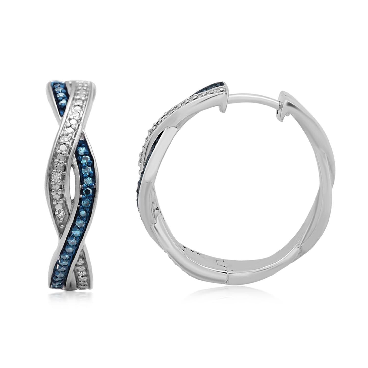 Jewelili Sterling Silver Twisted Hoop Earrings for Women - 1/6 CTTW Blue & White Diamond Studded Classic Hoops | Elegant Gift Box Included | Perfect for Weddings, Anniversaries & Special Occasions