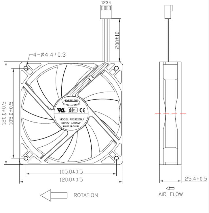 Everflow 120x120x25mm 12V 9-Blade PWM Cooling Fan - R121225BU AF - High Performance PC Case Fan for Gaming Computers, Servers & Workstations