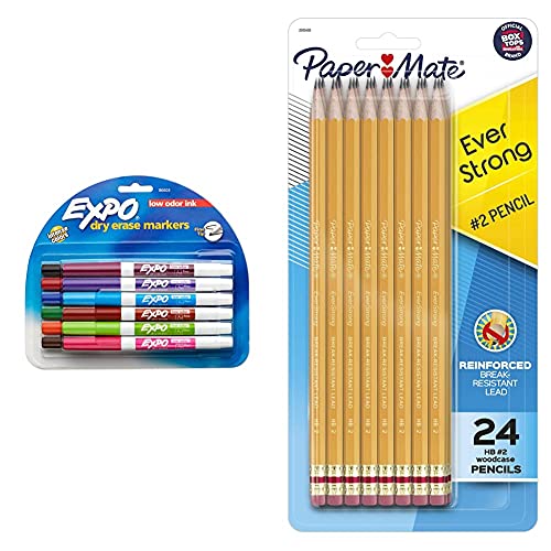 EXPO Dry Erase Markers Fine Tip 12 Pack & Paper Mate EverStrong #2 Pencils 24 Pack - Assorted Colors for Whiteboards, School Supplies, Office Use, Classroom Teaching, and Home Organization