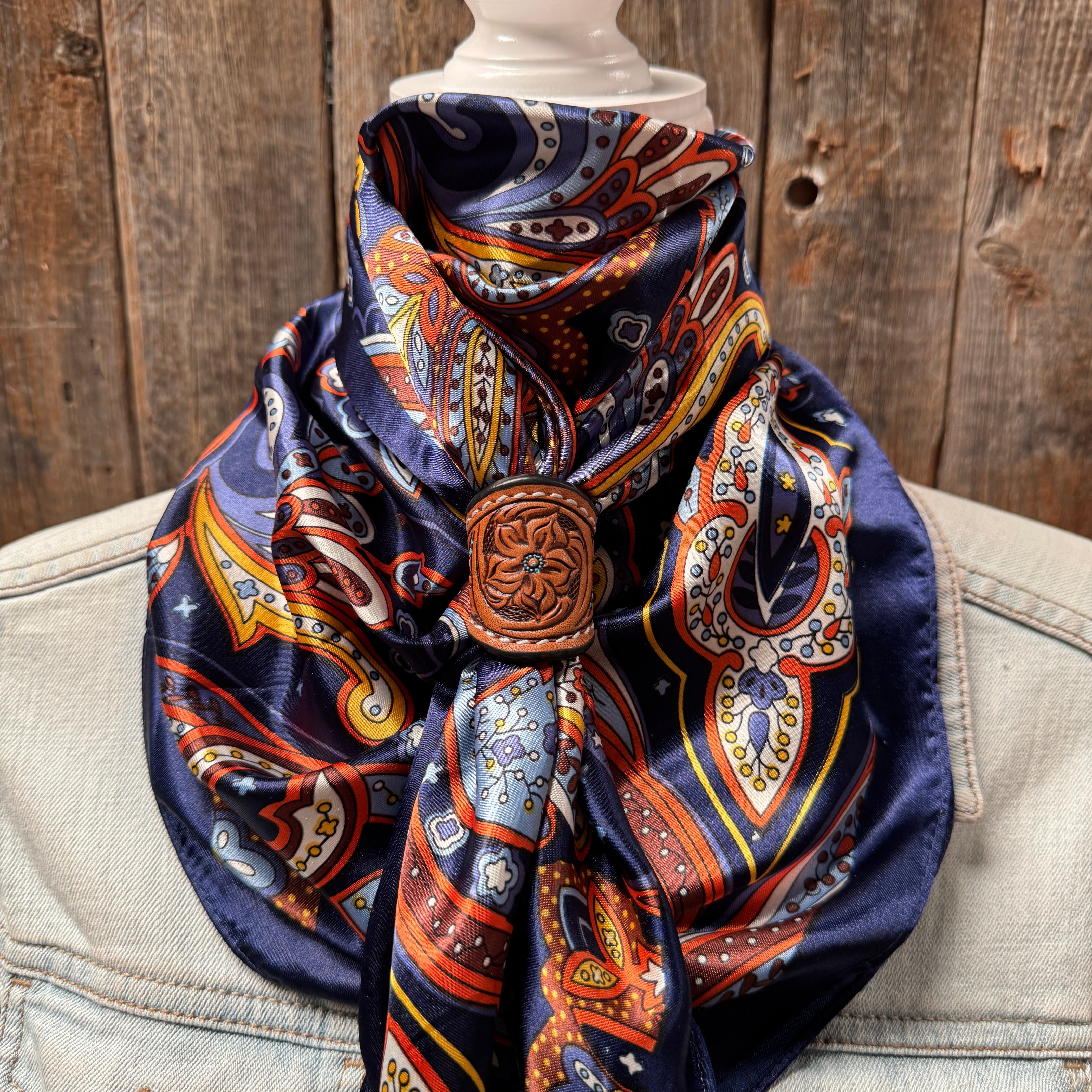 35x35 Inch Blue Hippie Paisley Wild Scarf WR906 with Tooled Leather Slides - Perfect for Cowboy Outfits, Western Fashion & Outdoor Adventures