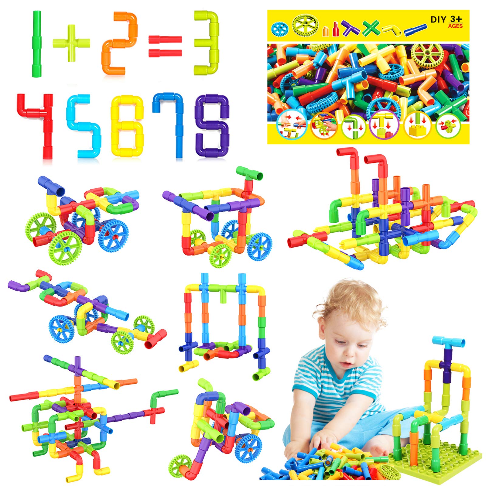 STEM Educational Building Toys for Kids Ages 3+ - 175 Piece Pipe Tube Construction Set with Interlocking Locks & Baseplate | Creative Learning Toys for Toddlers, Boys & Girls | Perfect for Classroom STEM Activities, Birthday Gifts & Early Childhood Development