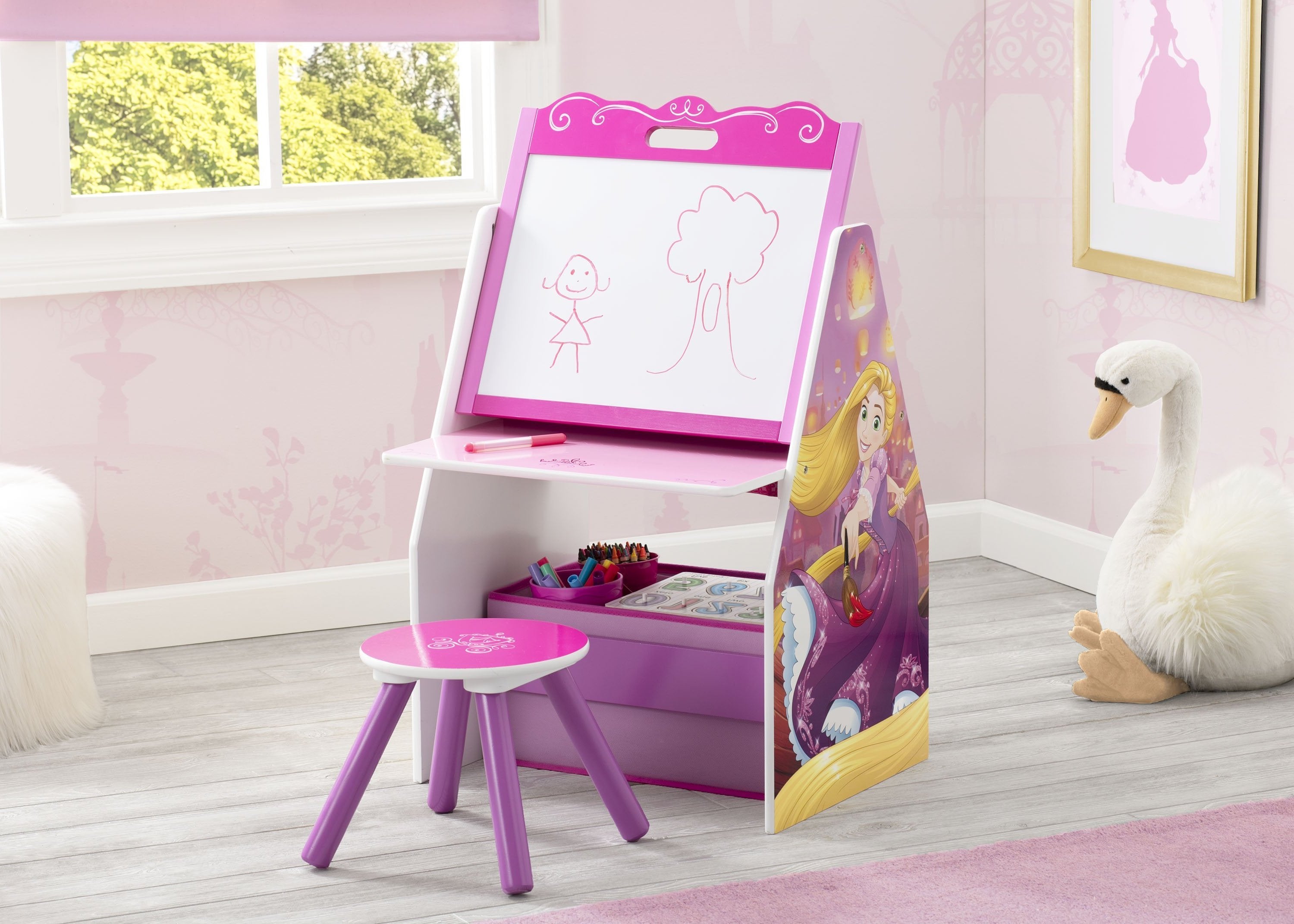 Princess Activity Center Easel Desk with Stool & Toy Organizer - Kids Art & Learning Station for Home & Preschool Playroom