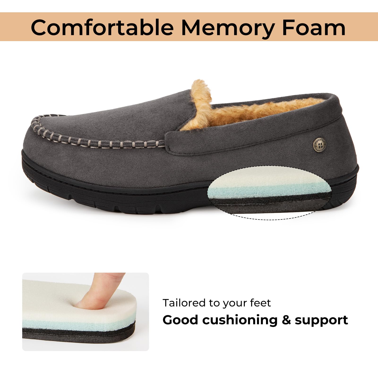 HomeTop Men's Classic Memory Foam Moccasin Slippers - Warm & Comfortable Microsuede House Shoes for Indoor & Outdoor Use - Perfect for Lounging, Running Errands, and Cold Weather Comfort