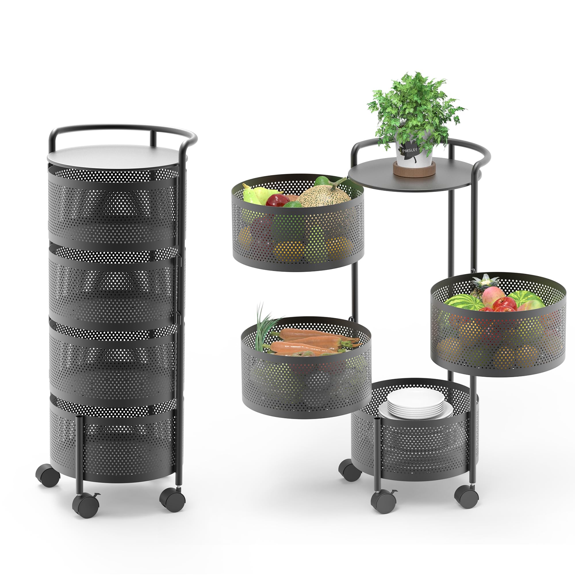 4-Tier Rotating Kitchen Storage Rack - No Assembly Metal Organizer with Rolling Wheels & Removable Drawers for Fruits, Vegetables, Potatoes, Onions - Perfect for Pantry, Grocery, and Small Space Organization (Black)