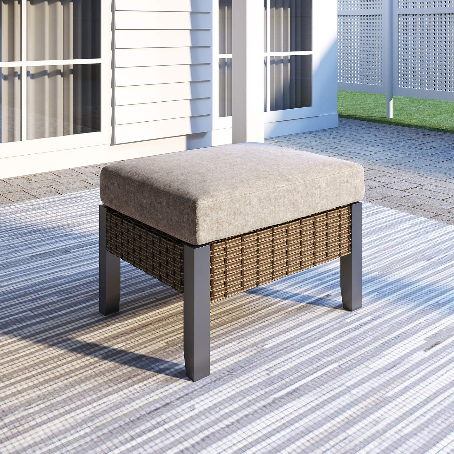 Outdoor Rattan Wicker Ottoman with Thick Cushion - All-Weather Metal Footrest Stool for Patio, Garden & Lawn - Perfect for Relaxing, Entertaining & Outdoor Decor