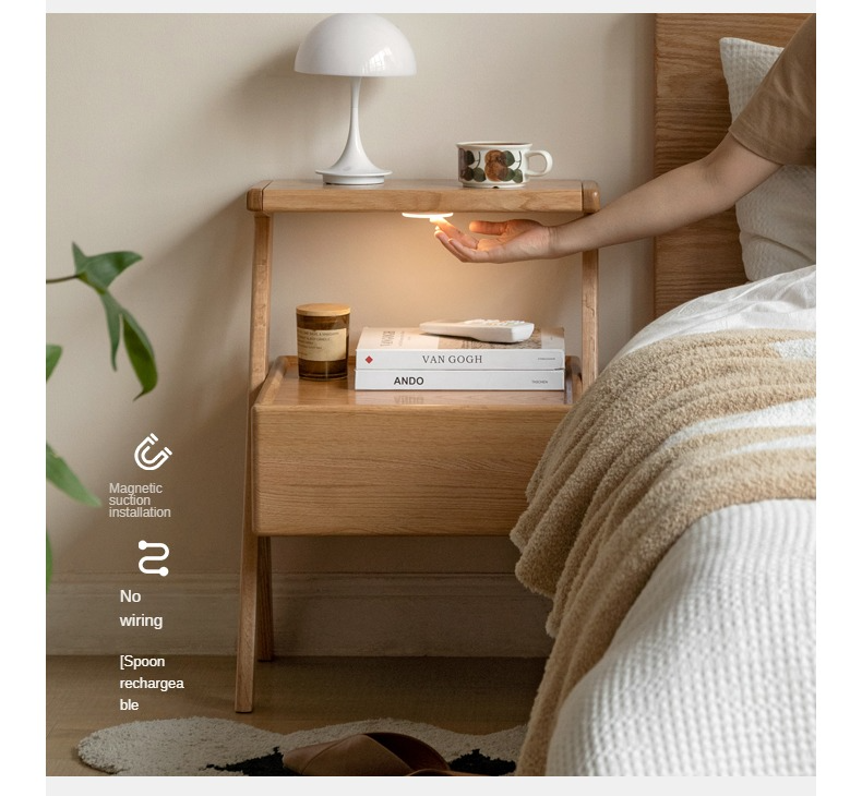 Solid Oak Wood Nightstand with Built-in LED Light - Modern Bedside Table for Bedroom, Living Room & Office
