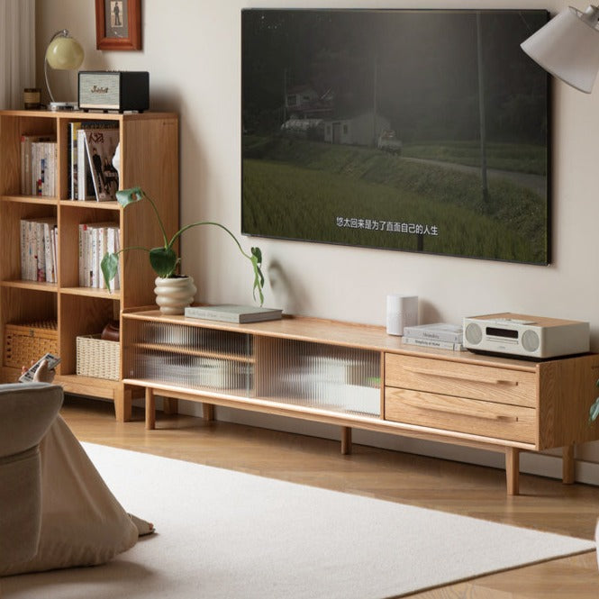 Solid Oak Wood TV Stand with Sliding Doors - Modern Entertainment Center for Living Room, Bedroom & Home Theater