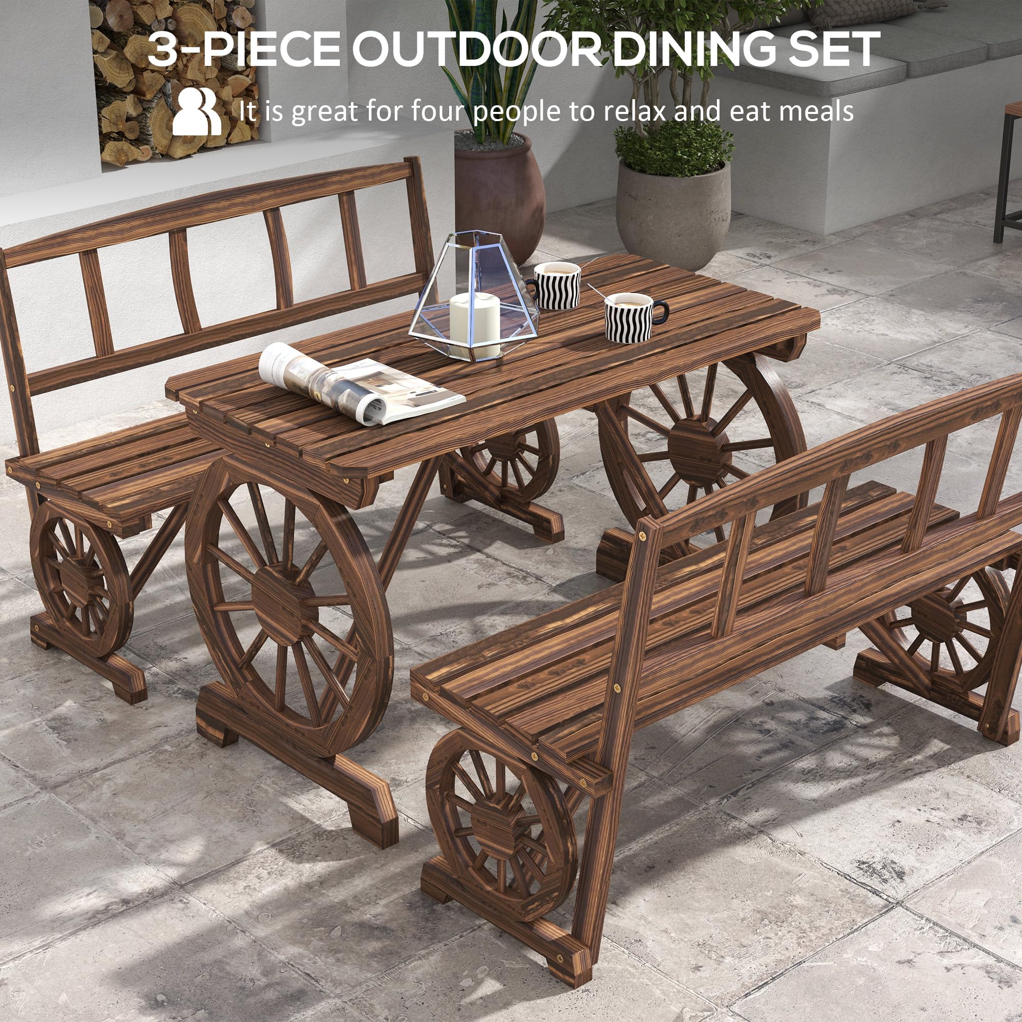 Outsunny 4-Person Outdoor Dining Set - 3-Piece Wooden Patio Table with Bench, All-Weather Wagon Wheel Design Furniture for Backyard, Garden & Deck (Carbonized Finish) - Perfect for Family BBQs, Outdoor Entertaining & Relaxing in Your Yard