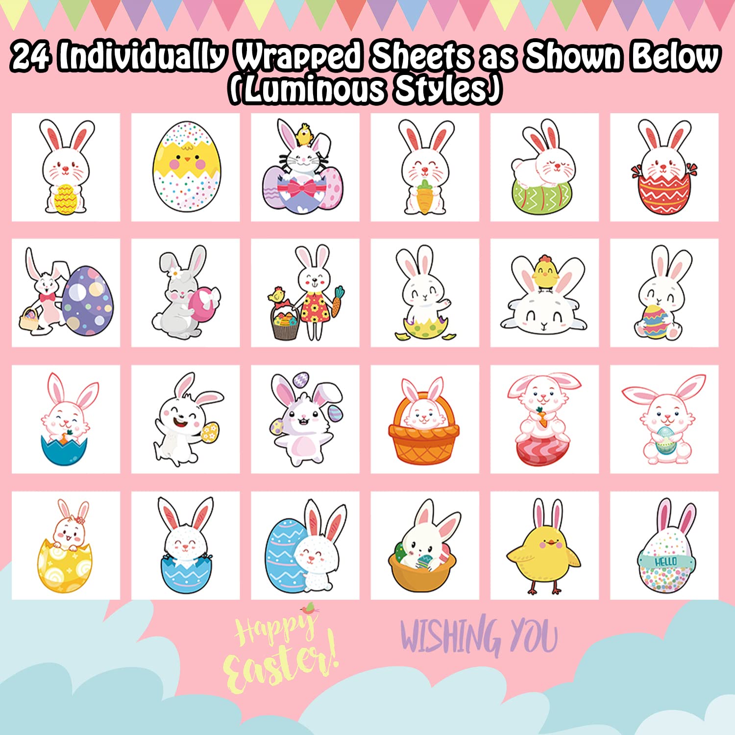 Partywind Glow in the Dark Easter Tattoos - 24 Pack Temporary Tattoos for Kids Easter Basket Fillers, Easter Party Decorations & Easter Egg Hunt Supplies - Perfect for Easter Celebrations, Birthday Parties & Spring Festivals