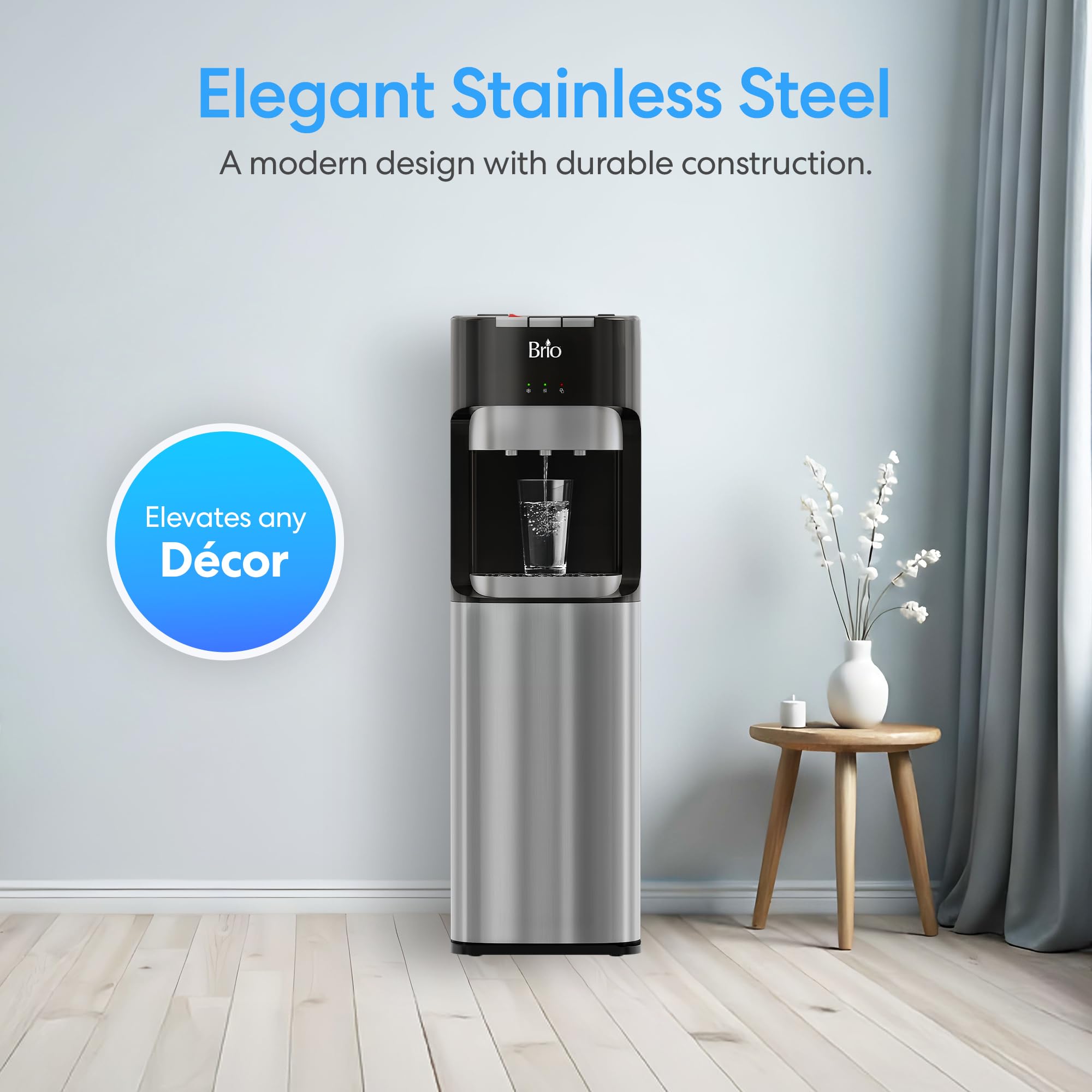 Brio Bottom Loading Water Cooler Dispenser for 5 Gallon Bottles - 3 Temperature Settings (Hot, Room, Cold) with Child Safety Lock, LED Display & Empty Bottle Alert - Stainless Steel Office & Home Water Dispenser for Kitchen, Breakroom, or Workplace Hydration