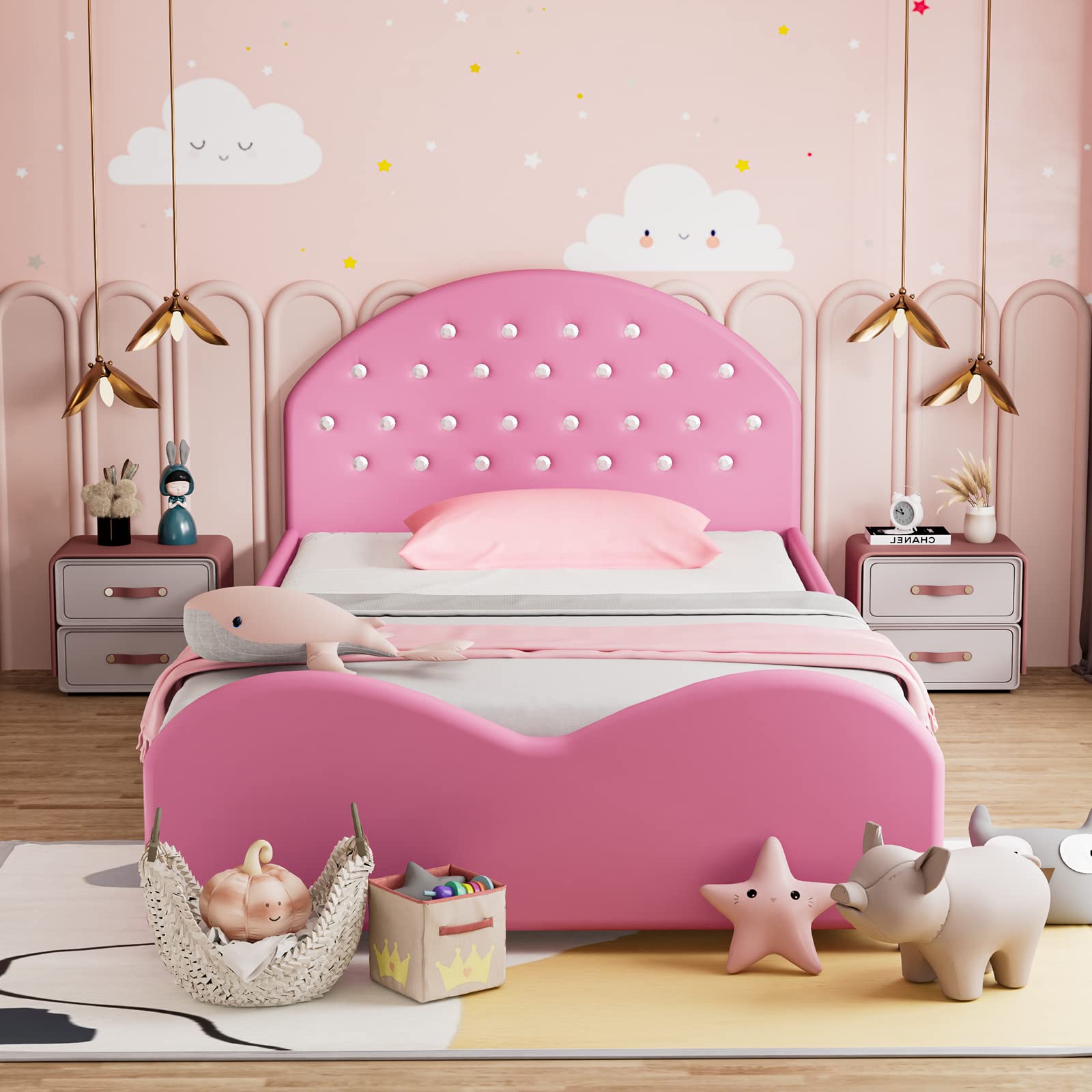 HONEY JOY Twin Bed Frame for Kids - Sturdy Wooden Platform Bed with Headboard & Slat Support, No Box Spring Required | Perfect for Boys & Girls Bedrooms | Fits Standard Twin Mattress (Pink) | Ideal for Toddler Rooms, Sleepovers & Kids' Bedroom Decor