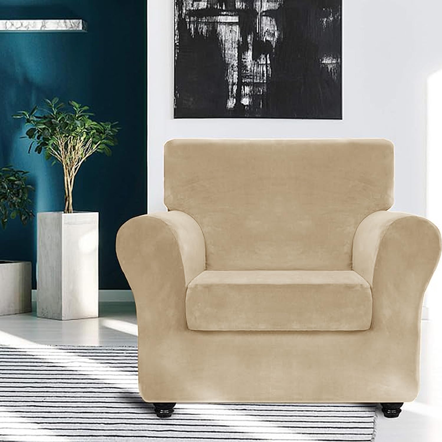 Velvet Plush 2-Piece Stretch Armchair Slipcovers - Super Soft Anti-Slip Elastic Bottom Furniture Protector for Living Room, Pets & Dogs (Camel) | Perfect for Home Decor, Sofa Protection & Pet-Friendly Spaces
