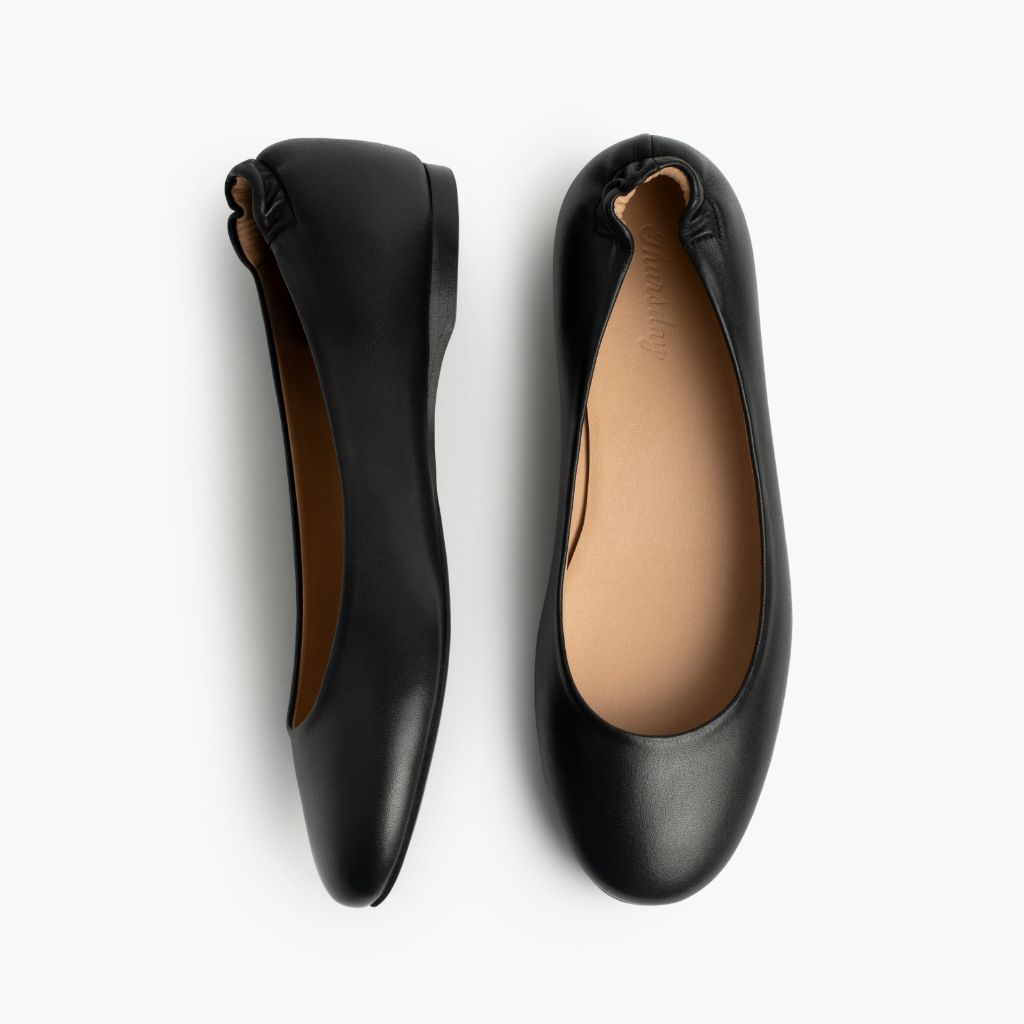 Women's Black Leather Scrunch Ballet Flats - Comfortable & Stylish for Work, Travel & Casual Wear