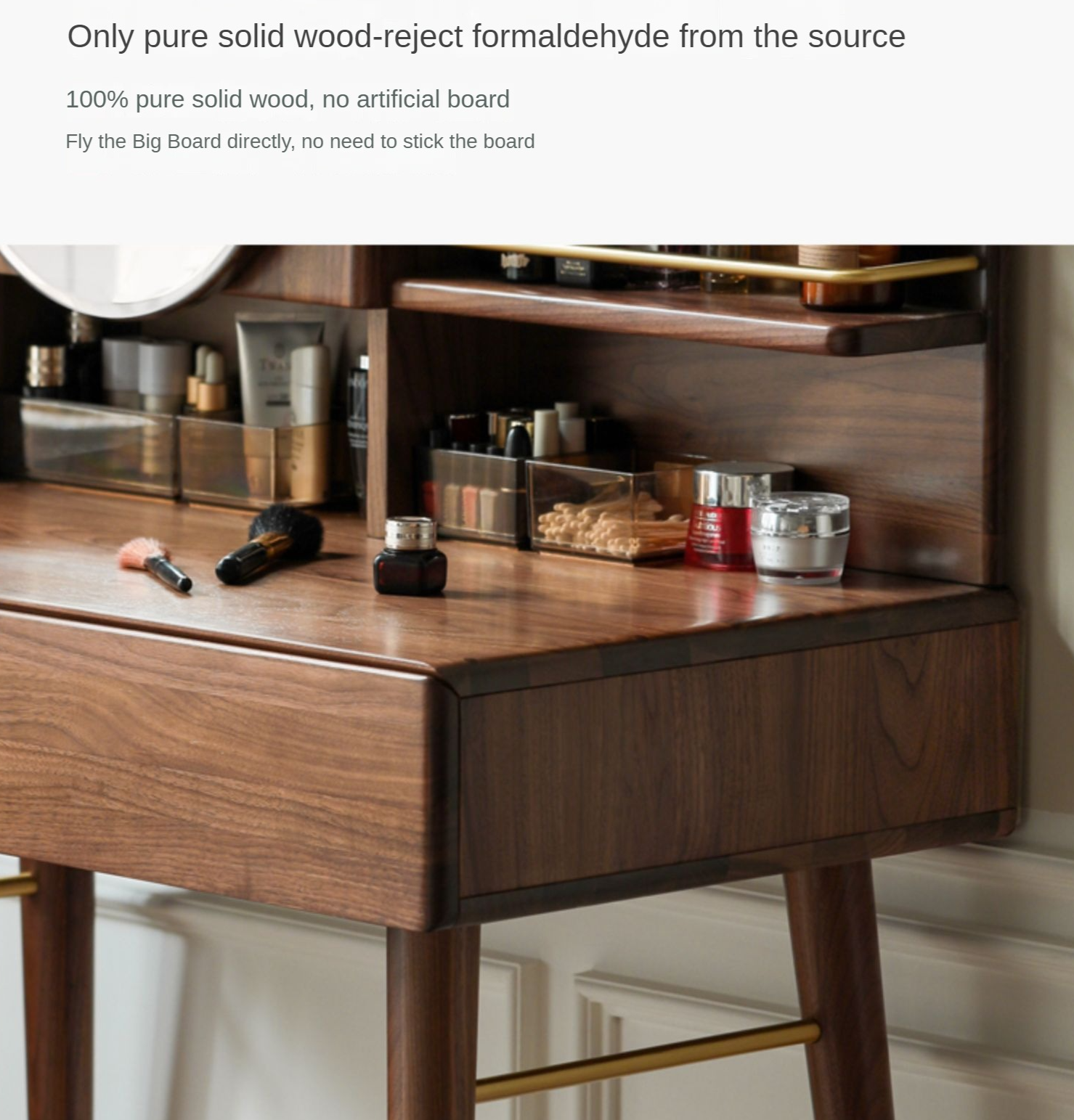 Black Walnut Solid Wood Moon Makeup Mirror Vanity Dressing Table - Elegant Bedroom & Bathroom Decor for Women