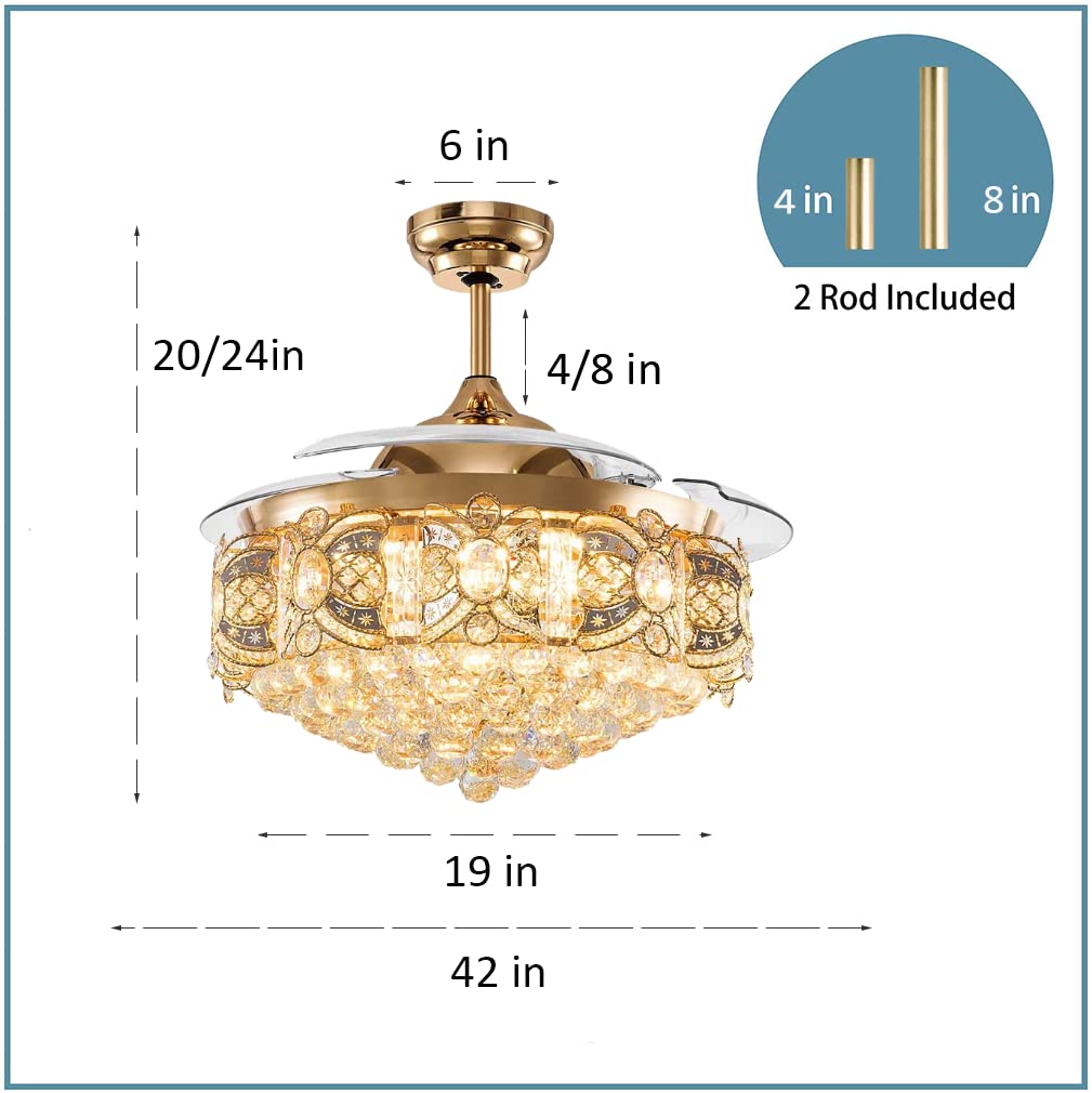 Modern Crystal Ceiling Fan with Lights & Remote - Invisible Retractable Chandelier Fan with 3 LED Light Settings, Rose Gold - Perfect for Dining Room, Bedroom, Living Room & Home Decor
