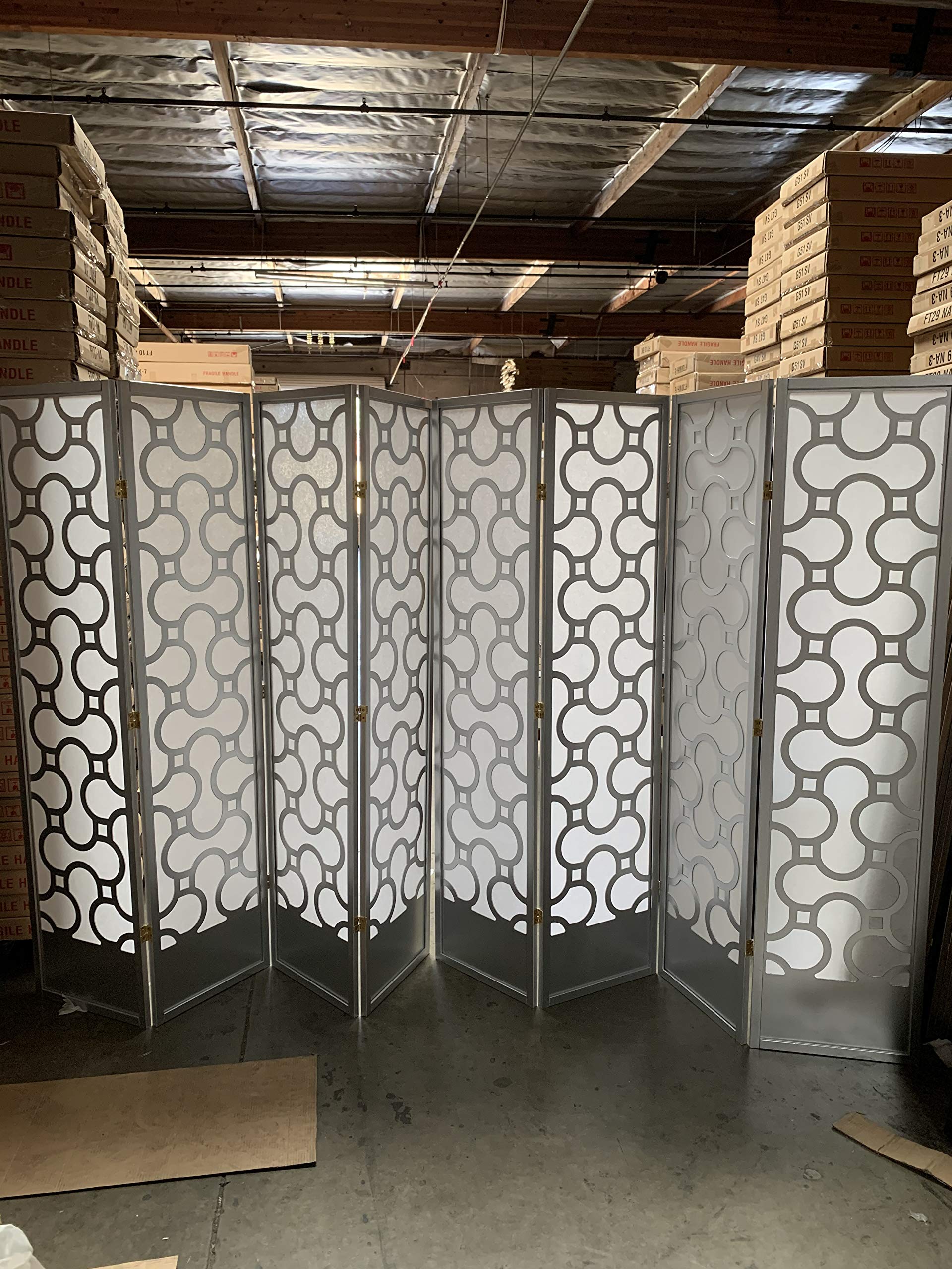 KINYAKU Square Room Divider Folding Screen - 3 to 10 Panel Privacy Partition (Silver, 8 Panels) for Home Office, Living Room & Bedroom Separation