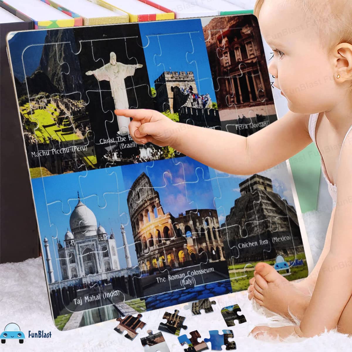 FunBlast 35-Piece Seven Wonders Jigsaw Puzzle for Kids Ages 3-5 - Educational Learning Toys with Acrylic Board & Large Floor Puzzle Pieces - Perfect for Preschool Classroom, Birthday Gifts & Family Game Night (Multicolor)
