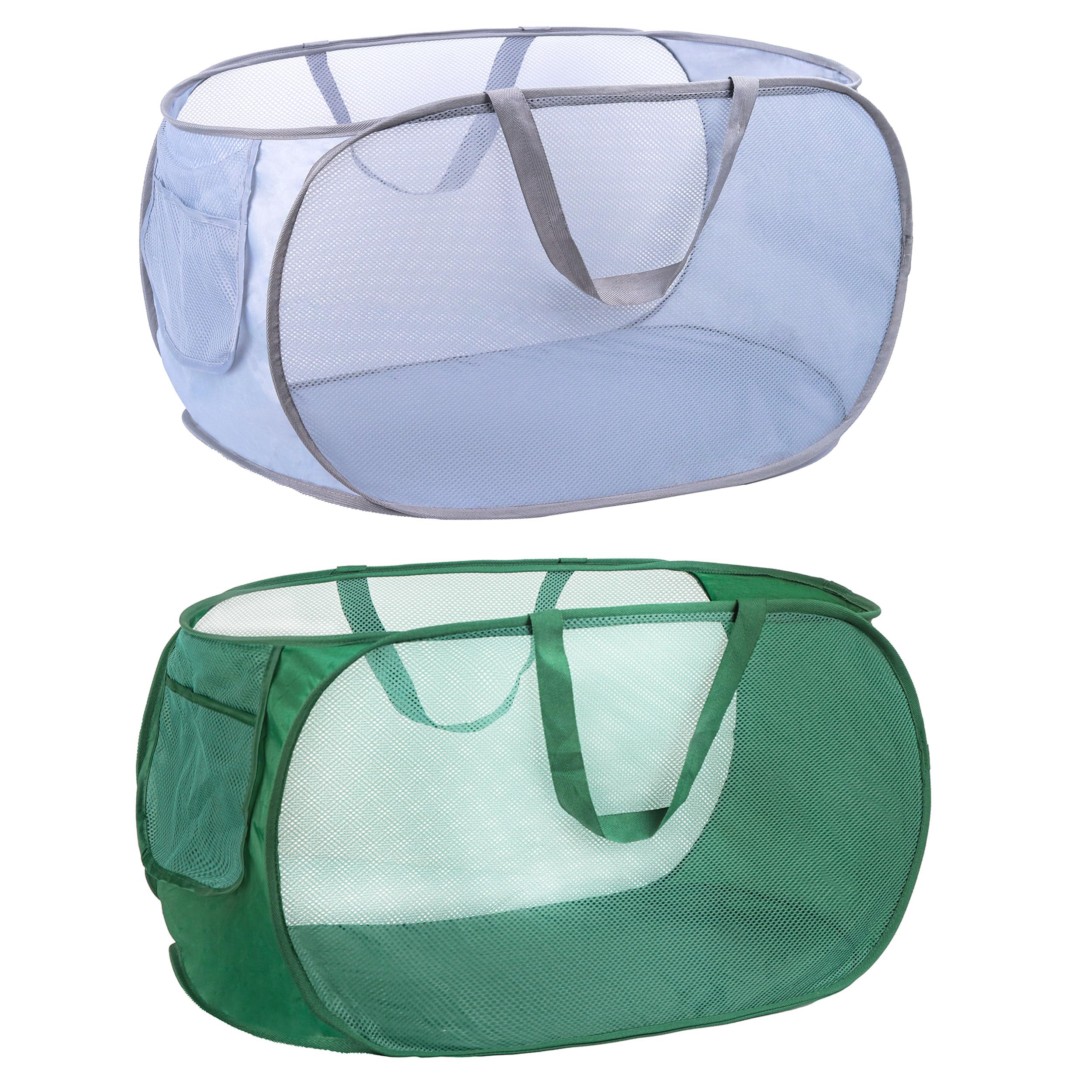 Collapsible Laundry Baskets - Foldable Mesh Pop Up Laundry Hamper with 2 Reinforced Handles (Gray & Green) - Perfect for Small Spaces, Dorm Rooms, Camping & Travel Organization