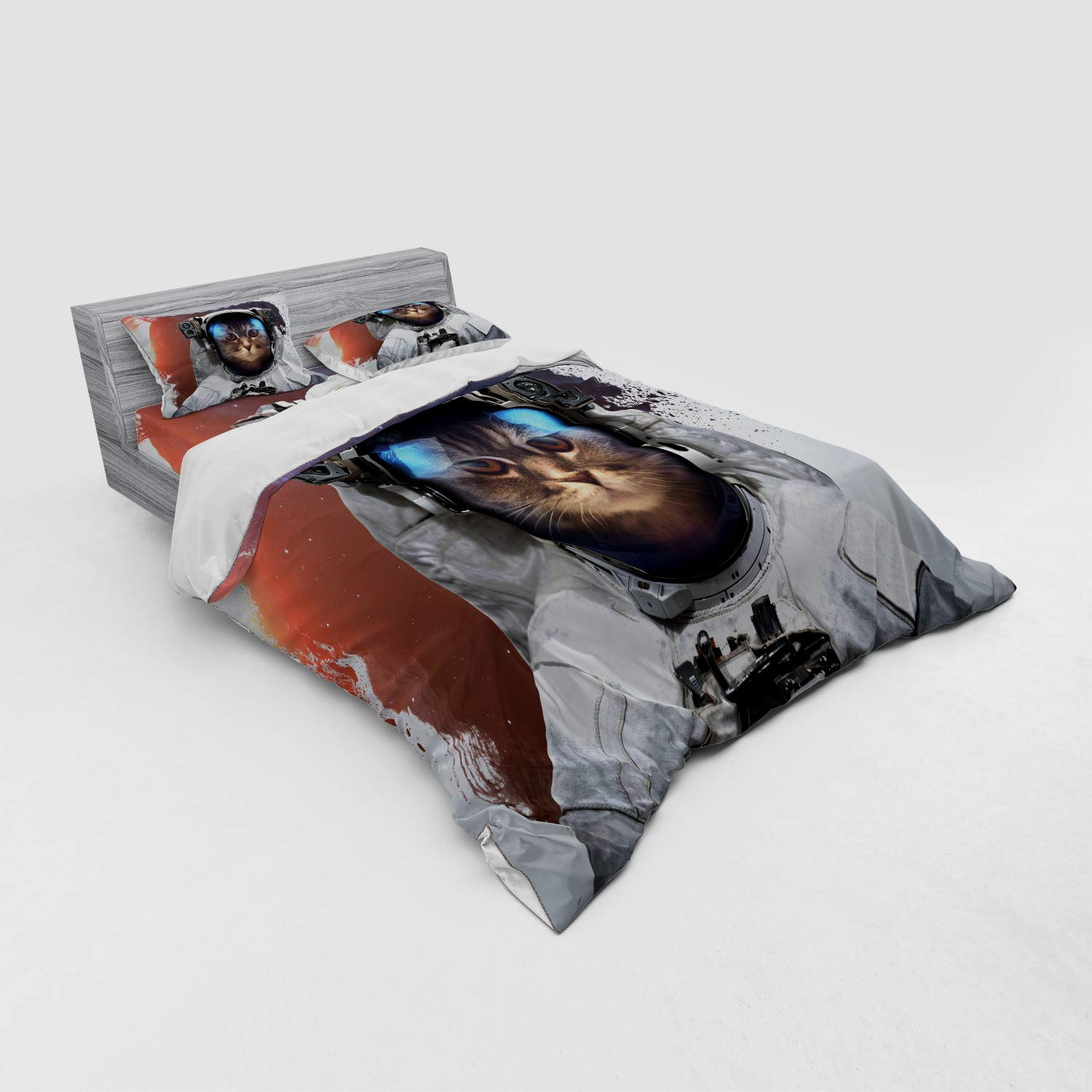 Ambesonne Space Cat Duvet Cover Set - 4 Piece Queen Size Bedding with Shams & Fitted Sheet - Street Art Grunge Design Featuring Cosmonaut Cat in Space Suit - White Purple Orange - Perfect for Sci-Fi Themed Bedrooms & Unique Home Decor