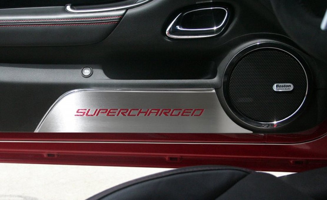 American Car Craft Red Door Kick Plate - 2pc Supercharged CF for Car Protection