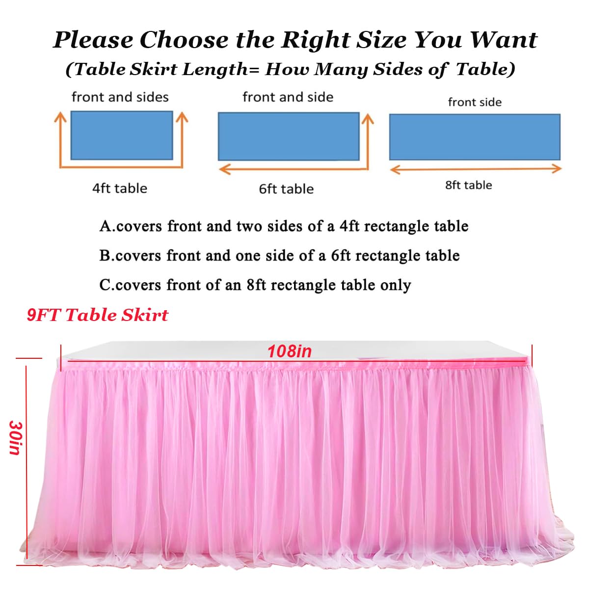 Albassa Pink Tulle Table Skirt with LED Lights - 9ft Long x 30in High Tutu Table Cover for Rectangle or Round Tables | Perfect for Baby Showers, Birthday Parties, Wedding Receptions & Cake Table Decorations