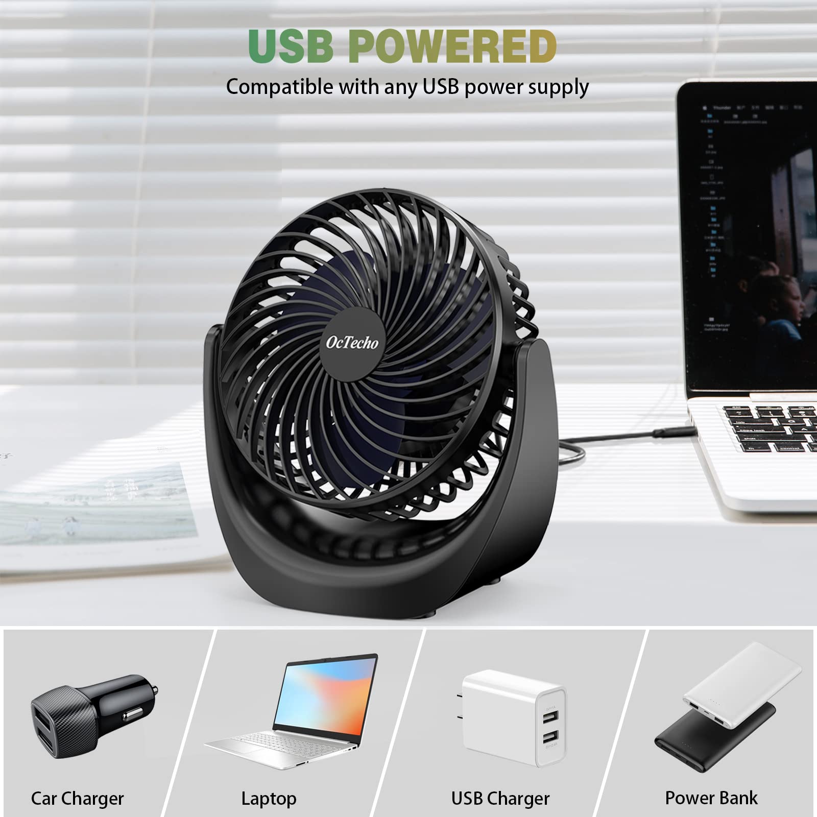 OcTecho USB Mini Desk Fan - Quiet Portable Small Fan with Strong Airflow, 5 Speed Settings & 360° Rotation - Perfect for Office, Home, Travel, Camping & Outdoor Use - Upgraded Version