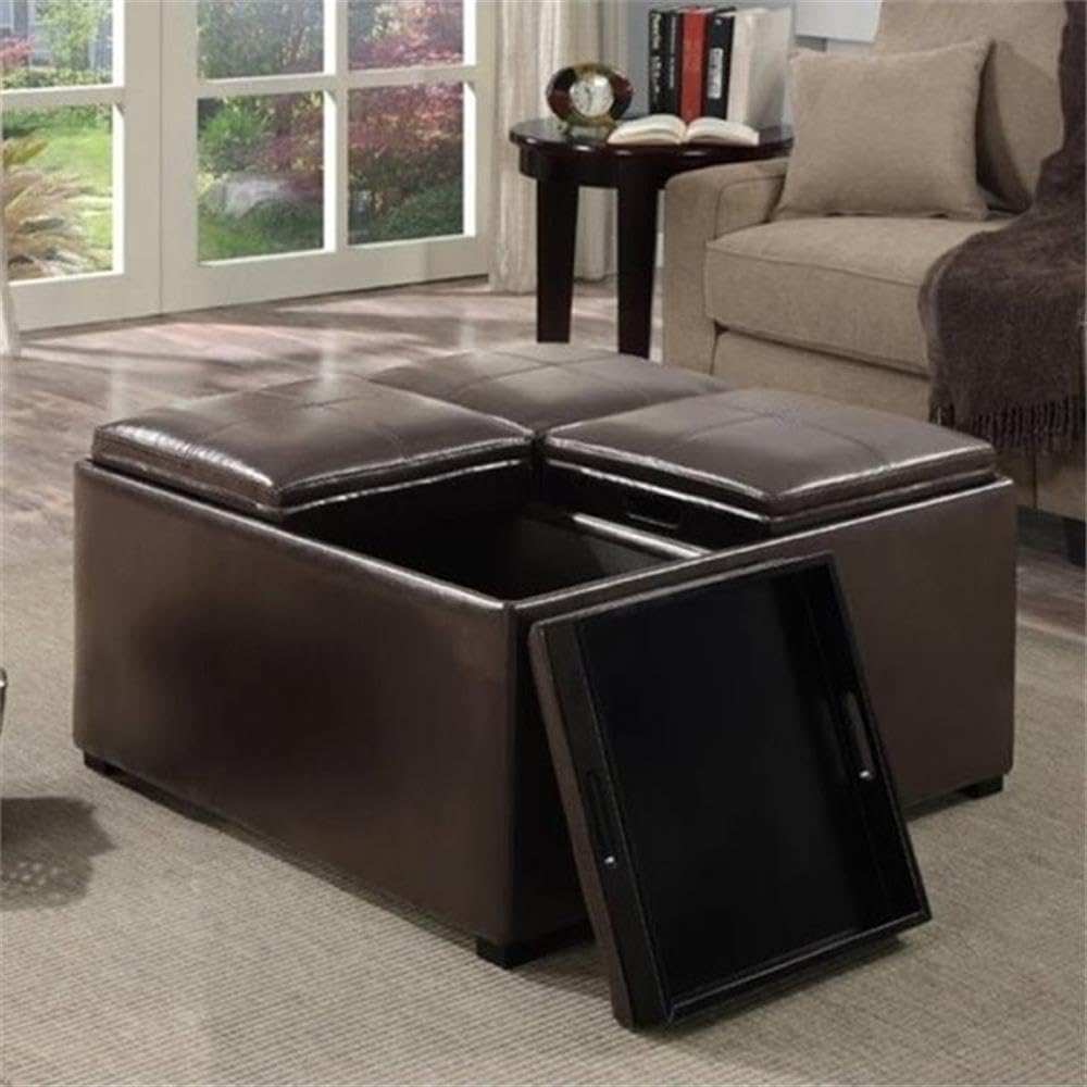 Trent Home Square Faux Leather Ottoman Stool - Chocolate Brown Storage Bench for Living Room, Bedroom & Entryway | Multi-Functional Footrest, Seat & Coffee Table Companion