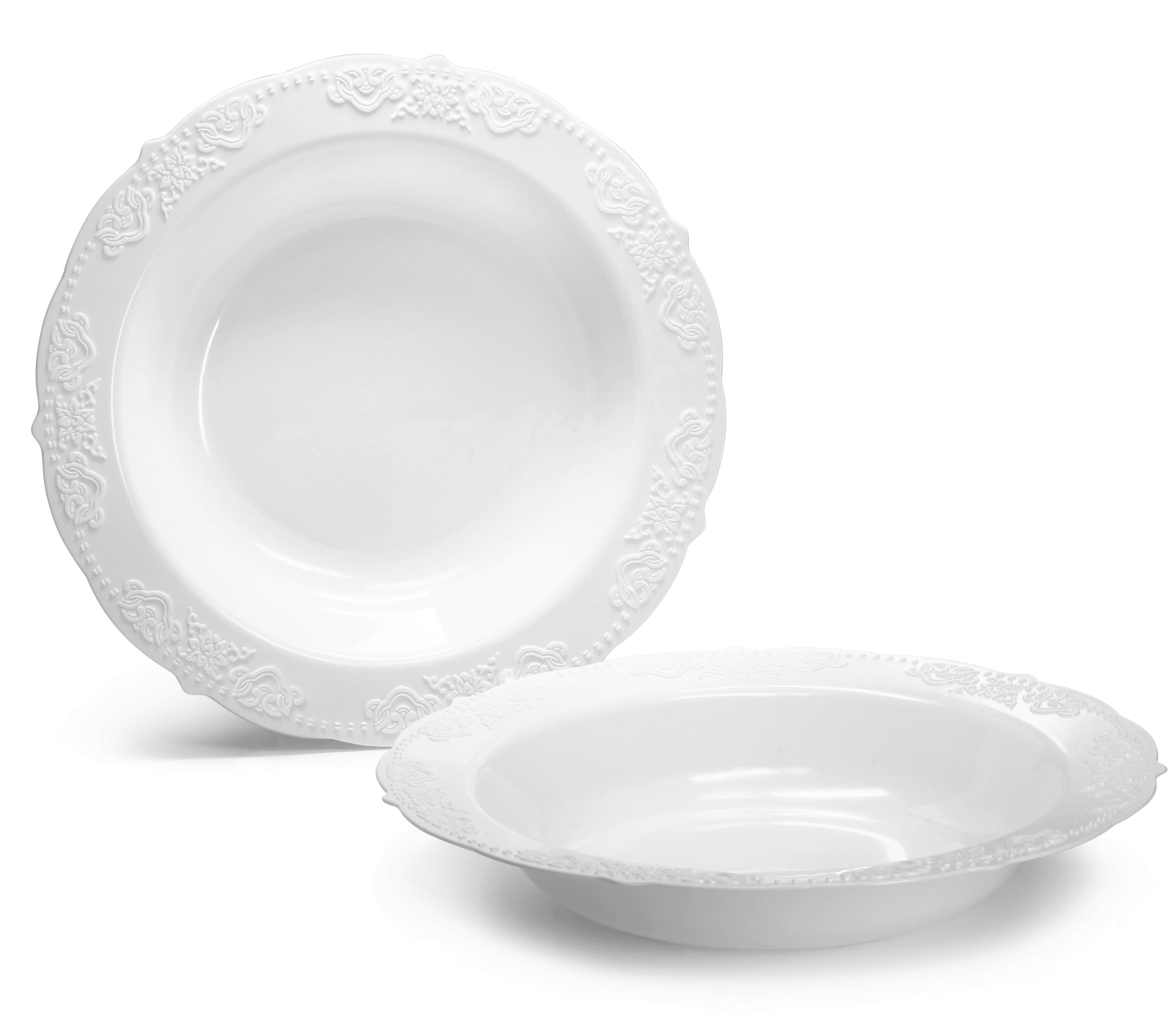 120-Piece Vintage Style Disposable Plastic Plates & Bowls Set - 10oz White Soup Bowls for Wedding, Party & Special Occasions | Elegant Dinnerware for Catering, Picnics & Events