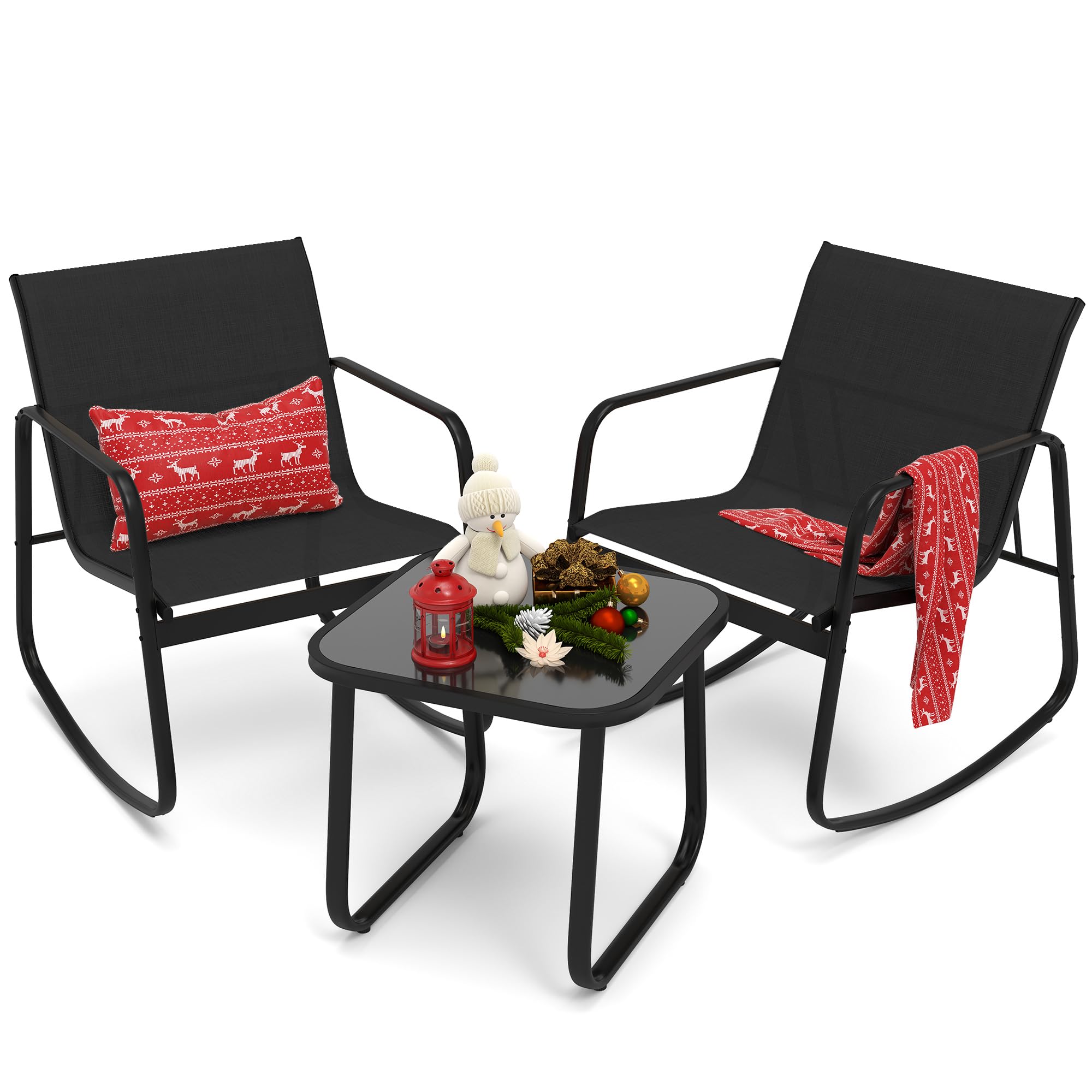 YITAHOME 3-Piece Outdoor Patio Furniture Set with Rocking Bistro Chairs & Tempered Glass Table - Textilene Fabric Conversation Set for Backyard, Garden, Balcony, Poolside (Black) | Perfect for Relaxing, Entertaining & Small Outdoor Spaces