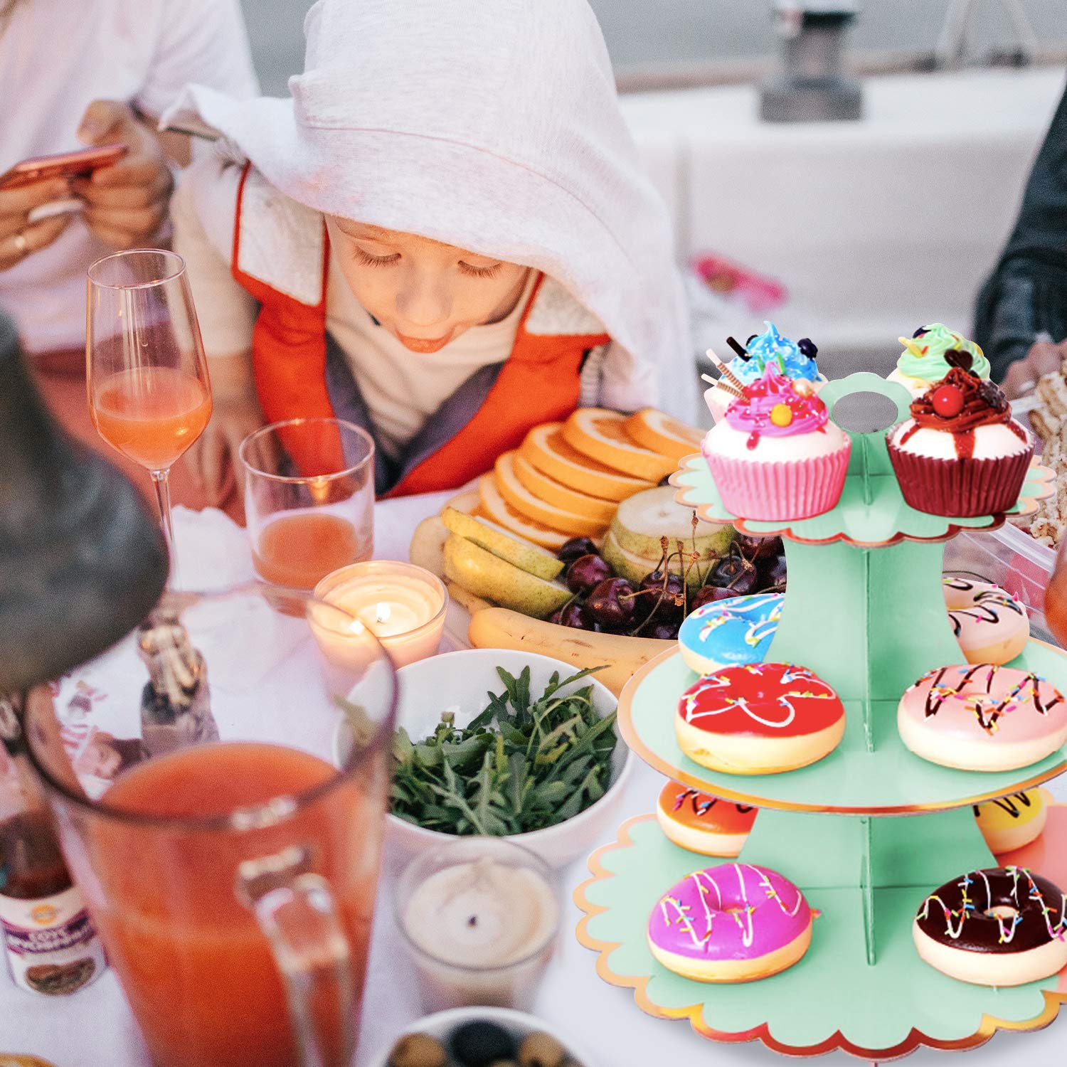 3-Tier Cupcake Stand Set - Green Cardboard Dessert Display Tower for Mini Cakes, Cookies, Fruits & Candy Buffet | Perfect for Birthday Parties, Baby Showers & Wedding Receptions