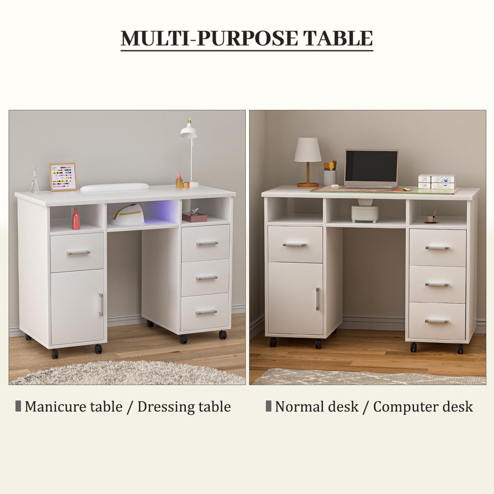 Professional Nail Tech Table with Lockable Wheels - Acetone Resistant Manicure Station with 4 Drawers, 1 Cabinet & 3 Open Storage - Portable Nail Salon Desk for Home & Professional Use (White) - Perfect for Nail Artists, Salons & Mobile Services