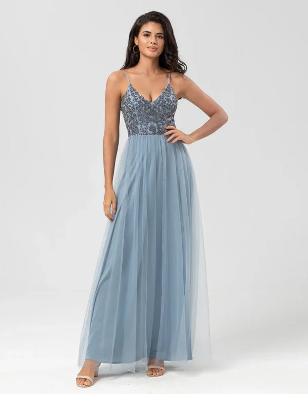 Elegant Dusty Blue A-Line Spaghetti Strap Beaded Bridesmaid Dress for Weddings & Formal Events