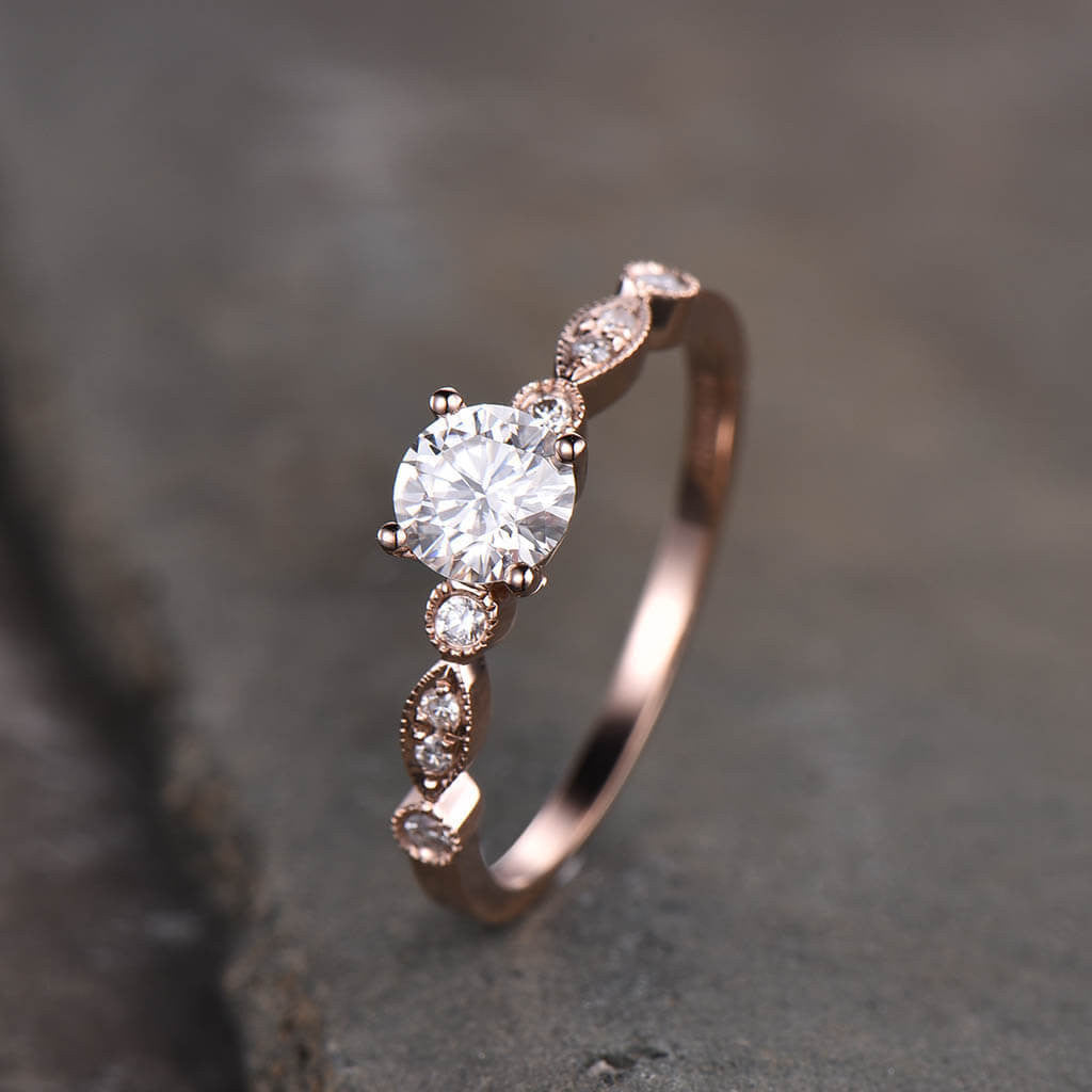 5mm Round Moissanite Marquise Diamond Engagement Ring - 14k/18k Rose Gold Wedding Band for Women - Classic 4 Prong Setting, Perfect for Proposals, Anniversaries & Bridal Jewelry