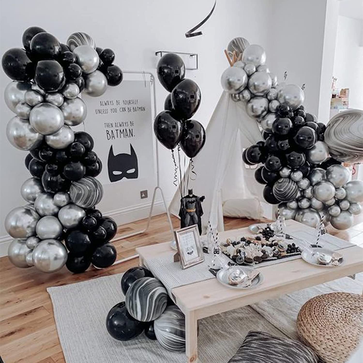 Black Silver Foil Marble Balloons Garland Arch Kit - Elegant Black Agate Balloon Decor for Wedding, Baby Shower & Graduation Parties - Includes Glue Dots, Balloon Strip & Curling Ribbon - Perfect for Backdrop, Ceiling & Table Centerpiece Decorations