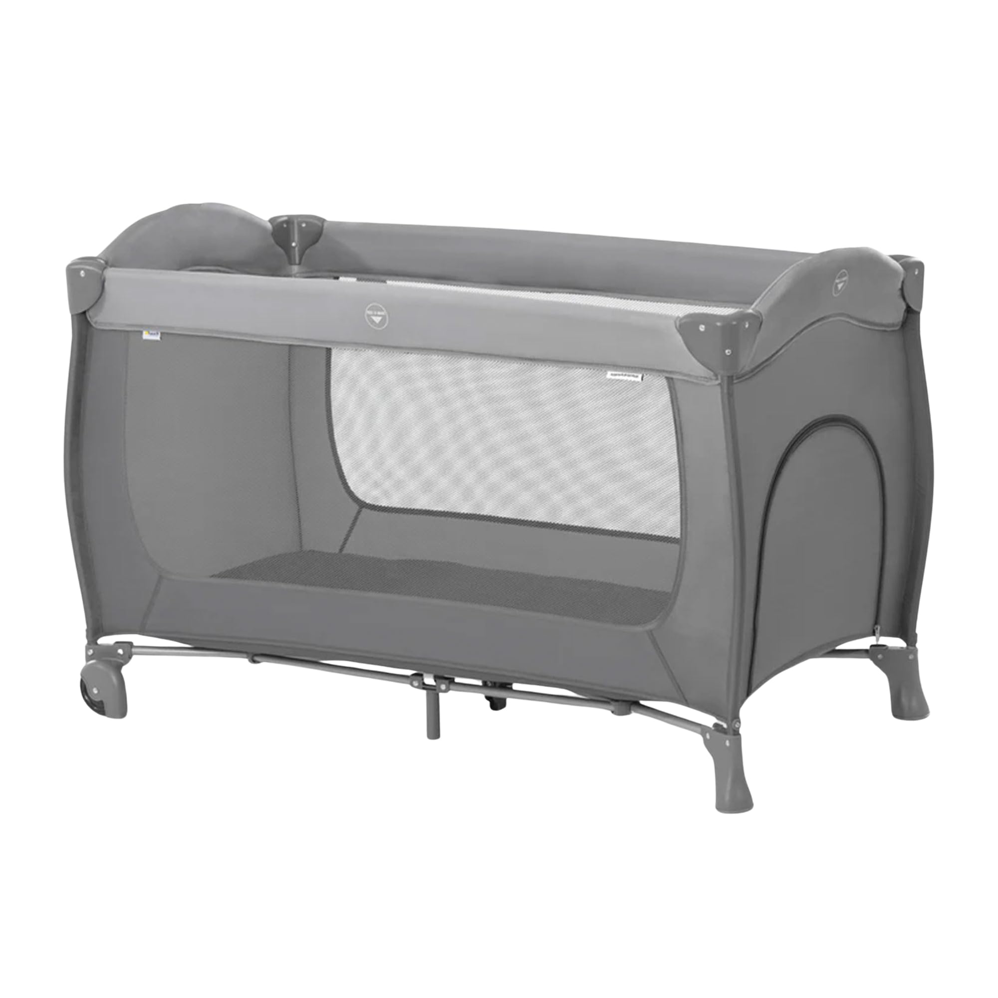 Hauck Sleep N Play Go Plus Portable Baby Travel Cot with Wheels - Lightweight Folding Crib with Mattress, Large Mesh Windows & Side Door for Infants & Toddlers (Gray) - Perfect for Travel, Nursery & Daycare Use