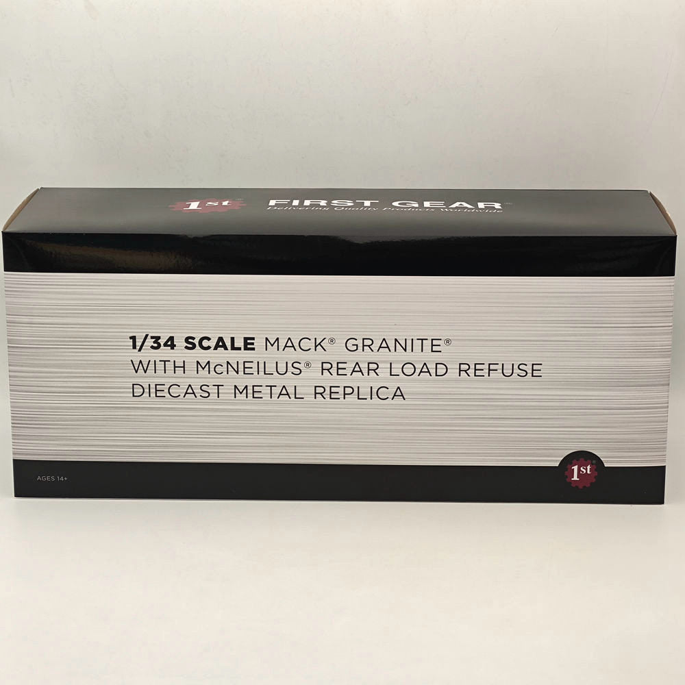 1/34 Scale Mack Granite with McNeilus Rear Load Refuse Body & Trash Carts - White Diecast Model Truck (First Gear 10-4295) - Perfect for Collectors, Display, and Construction-Themed Dioramas