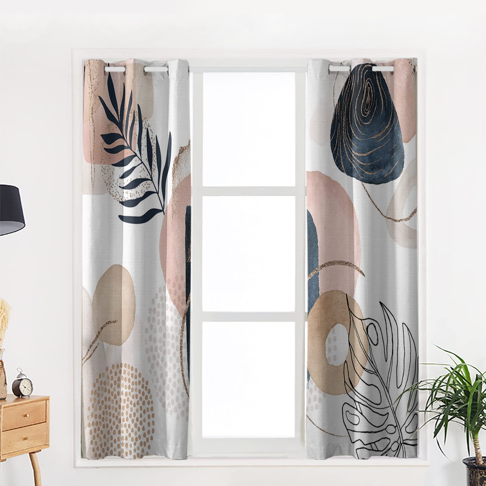 Mid Century Modern Geometric Floral Blackout Curtains - Pink & Navy Blue Thermal Insulated Room Darkening Drapes for Living Room & Bedroom (2 Panels, 52x72 Inches) - Perfect for Home Decor, Sun Protection & Energy Efficiency