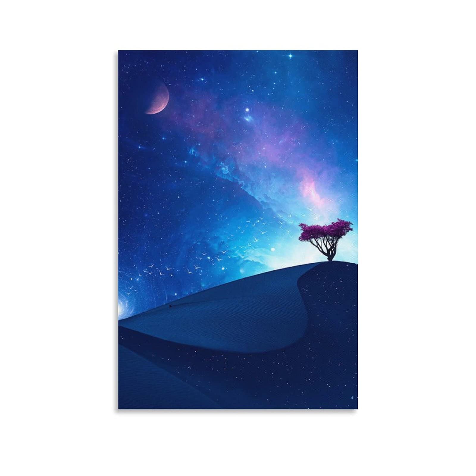 Fantasy Mangroves on Desert Hills with Vast Starry Sky, Blue Sky, Birds and Planets - Premium Canvas Wall Art Poster for Bedroom & Living Room Decor - 24x36inch (60x90cm) - Perfect for Home, Office, or Gift