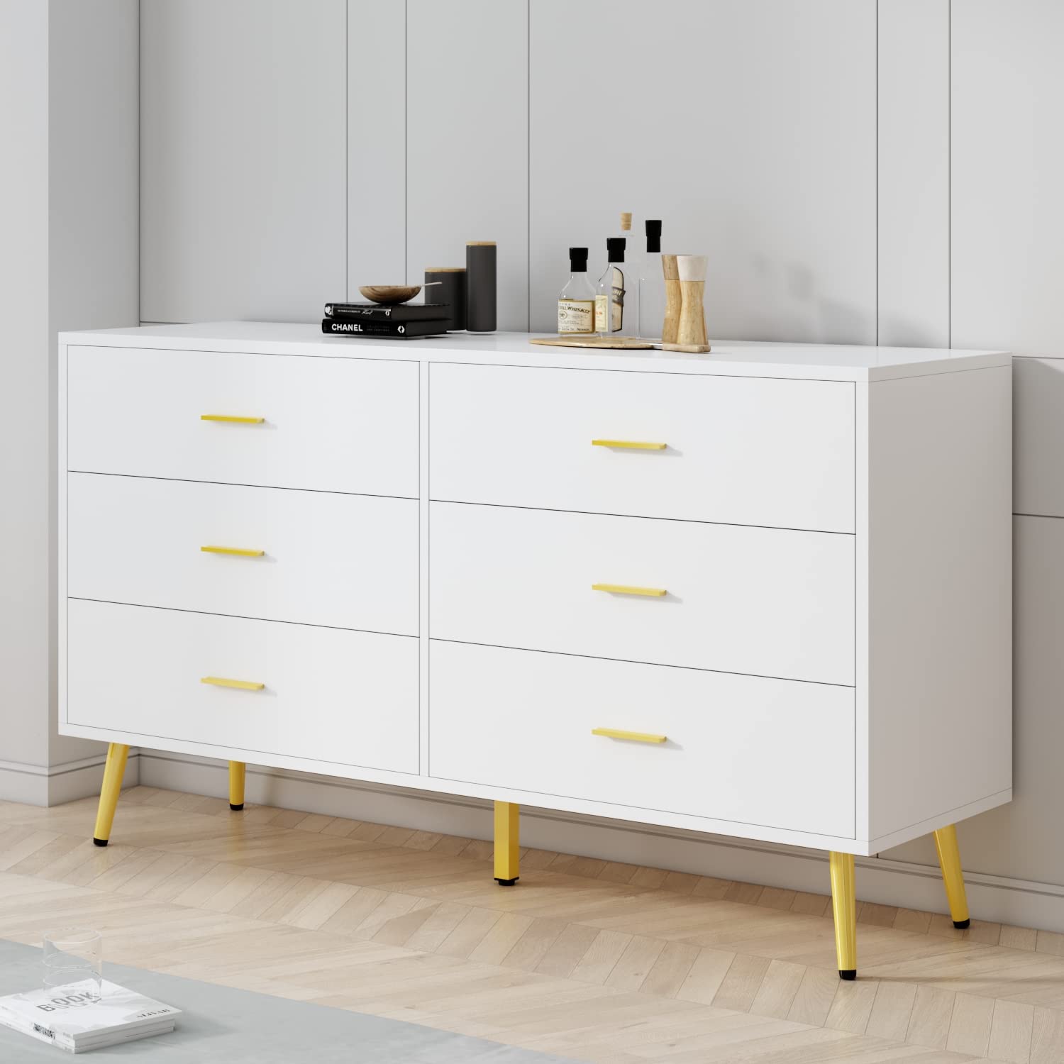 6-Drawer Dresser with Metal Legs - White Storage Chest for Bedroom & Nursery