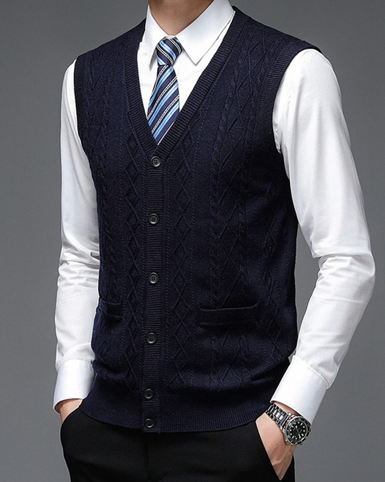 Men's Wool Blend Cable Knit Cardigan Vest - Casual & Layering