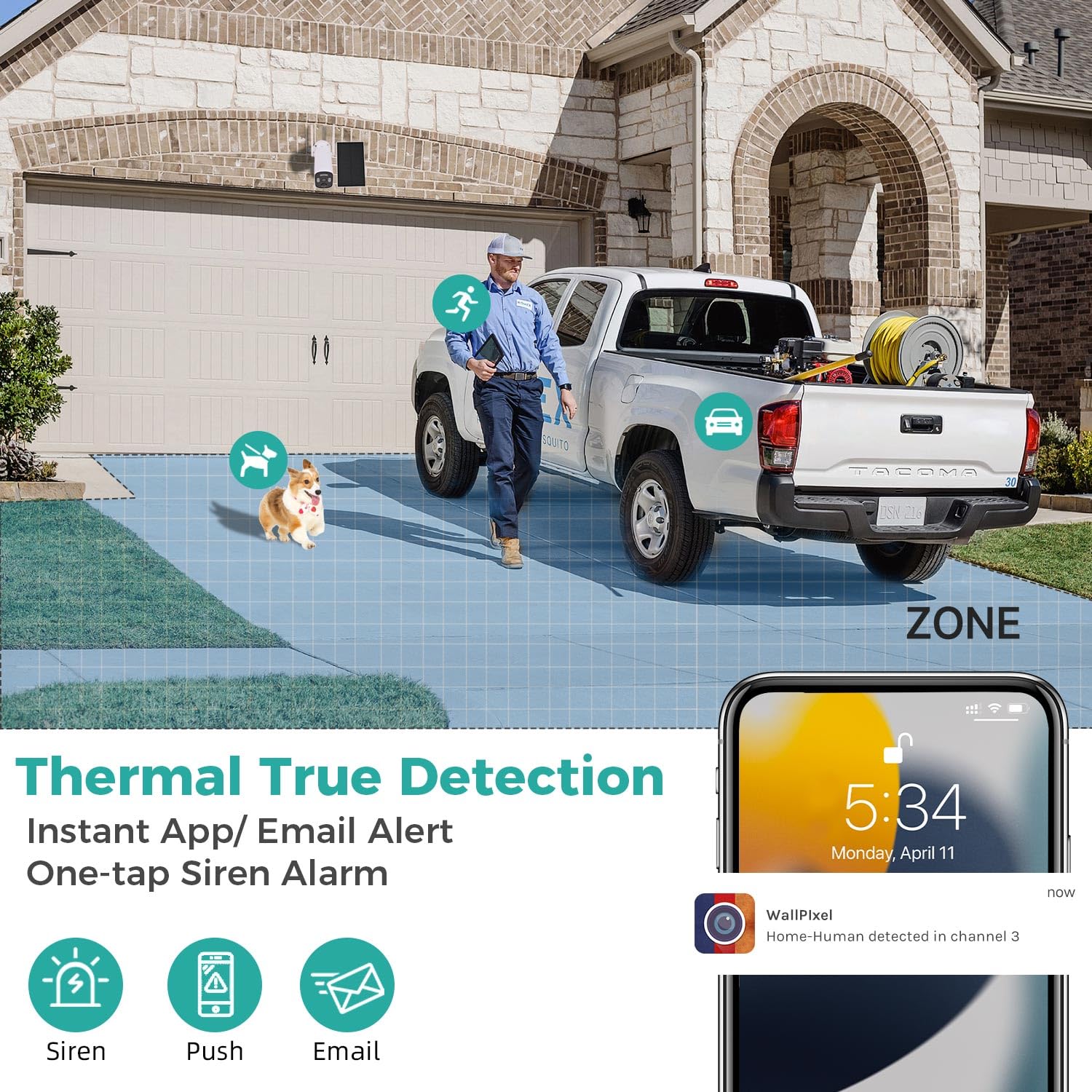XMARTO Solar Powered Wireless Home Security Camera System with Screen - AI Motion Detection, Spot Light, Siren, SD & Cloud Storage - Weatherproof Outdoor Surveillance for Yard, Garage & Property Protection
