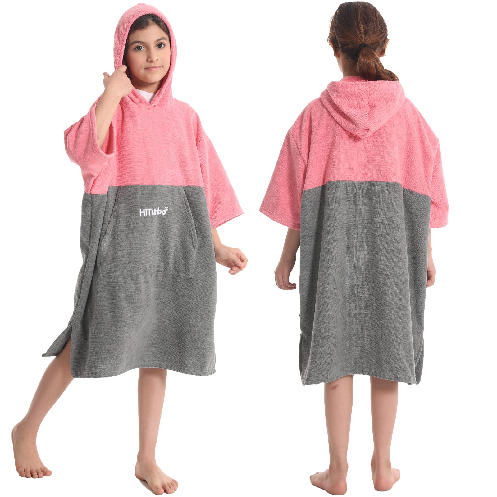 Hiturbo Kids Changing Towel Robe - Super Absorbent Quick Dry Surf Poncho with 3/4 Sleeves, Microfiber Bath Towel for Beach, Pool & Swimming - Perfect for Boys & Girls (Pink/Gray) - Great for After-Swim Changing, Sun Protection & Outdoor Activities