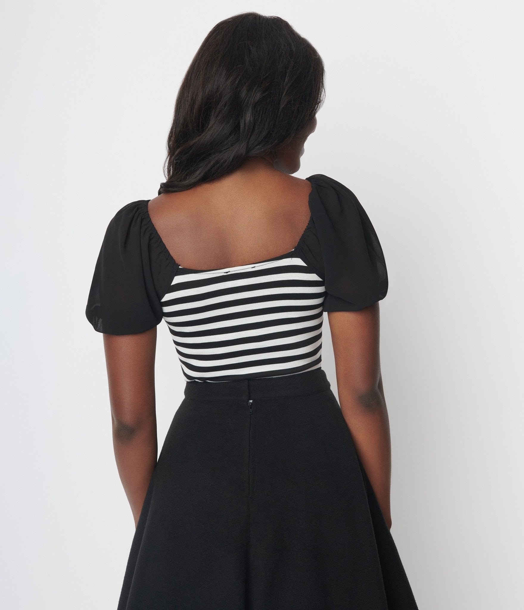 Vintage 1940s Black & White Striped Chiffon Puff Sleeve Bodysuit - Retro Pin-Up Style Blouse for Women, Perfect for Themed Parties & Vintage Fashion Photography