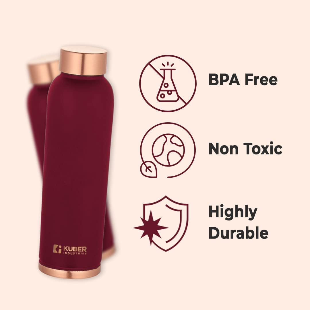 Kuber Industries 950ml Copper Water Bottle - BPA Free, Non-Toxic, Leakproof & Durable | Lightweight Copper Bottle with Health Benefits | Ergonomic Design, Easy to Clean | Maroon Color | Perfect for Gym, Travel, Yoga & Daily Hydration